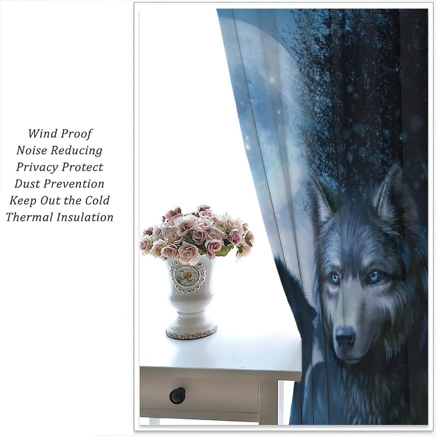 Gothic Wolf Rod Pocket Blackout Curtains for Living Room,Thermal Insulated Room Darkening Fantasy Forest Night Full Moon Cool Wolf Theme Window Treatment Drapes,2 Panels 84L x 42W