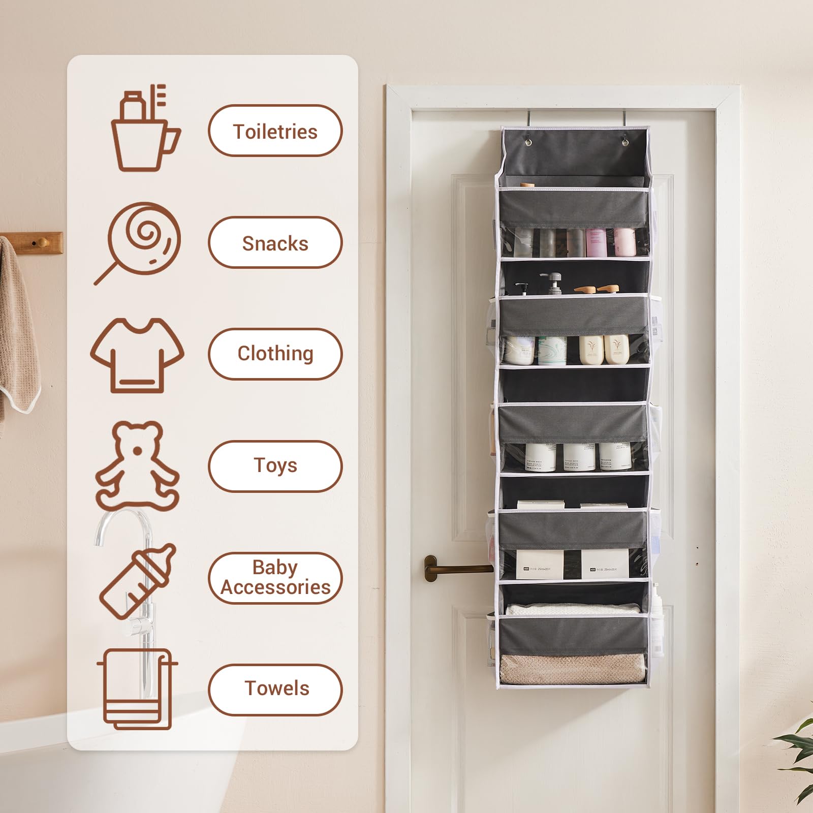 YOUDENOVA Over the Door Organizers, 5-Shelf Door Storage for Bathroom, Dorm, College, Baby Organizer for Diapers 1 Pack, Grey