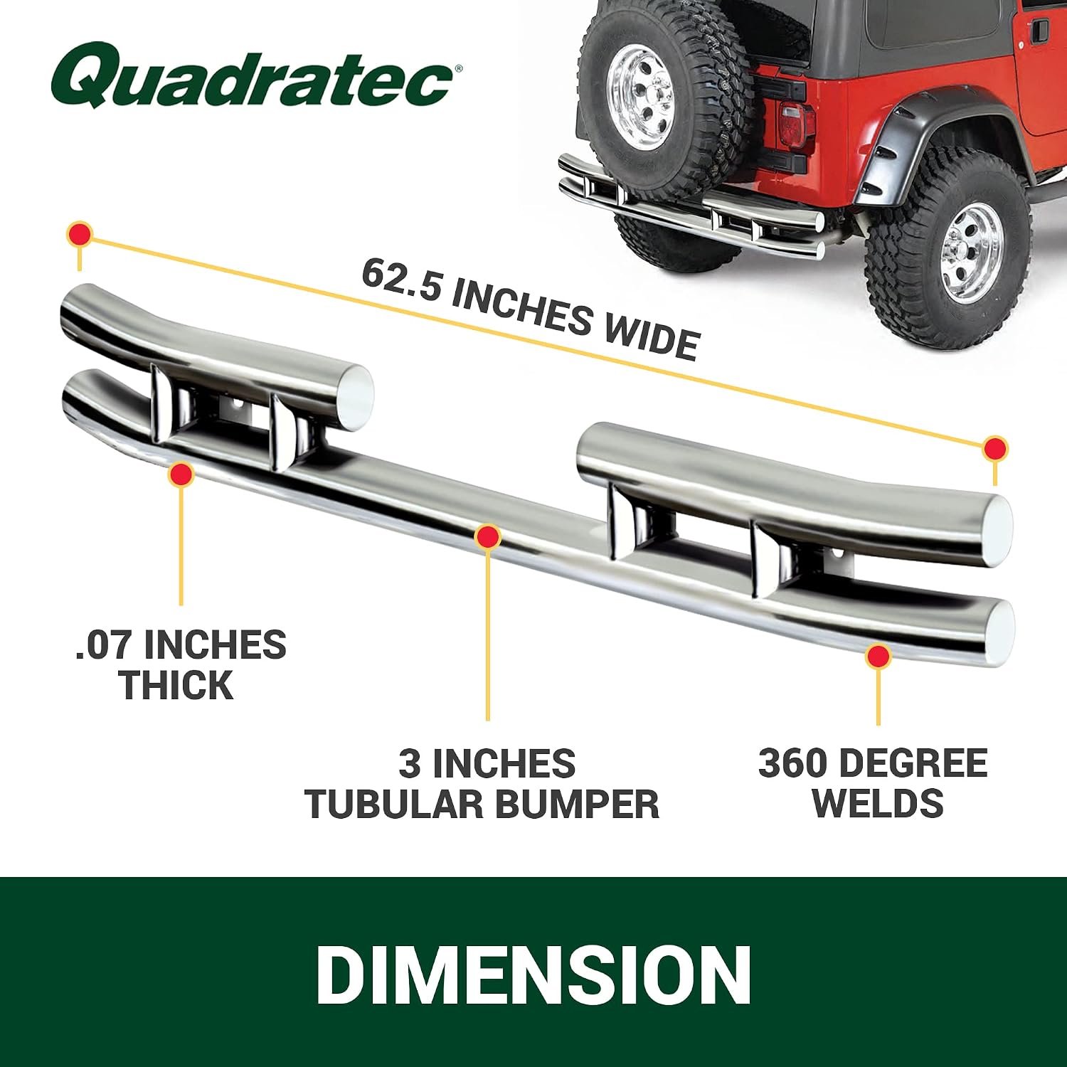 Quadratec QR3 Dual Tube Rear Bumper, Stainless Steel - Fits Jeep Wrangler YJ, TJ and Unlimited LJ - Accommodates Spare Tires up to 33" - Mandrel Bent 3" Steel Tube - Powder Coated Finish