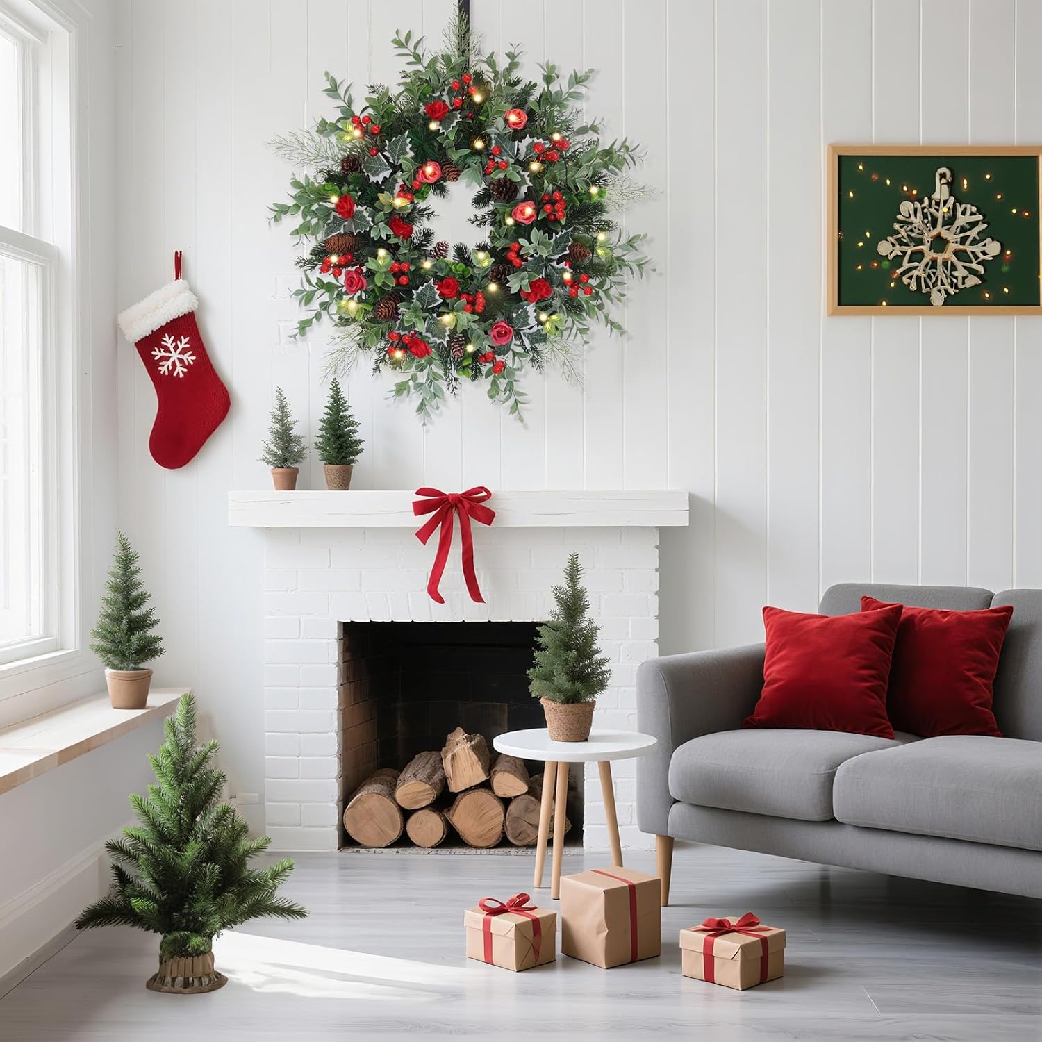28Inch Christmas Wreath for Front Door, Artificial Real Touch Xmas Wreath with Warm Lights Faux Greenery Pinecone Berries for Outdoor Indoor Wall Table Home Holiday Christmas Front Door Decorations