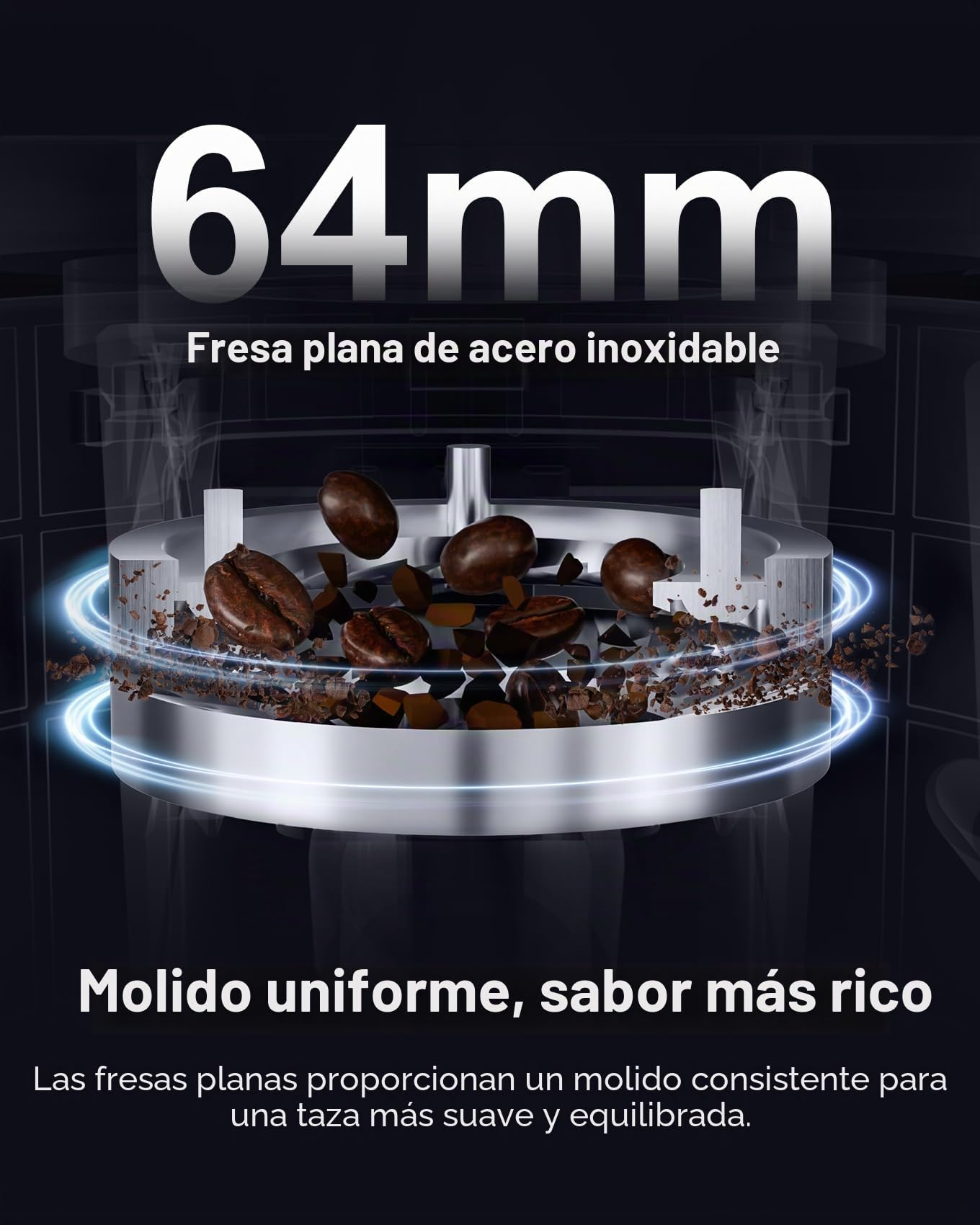 MOKKOM - Molinillo de café profesional de rebabas planas de 64 mm con 100 ajustes de molienda, cuerpo de acero inoxidable totalmente metálico, molinillo de granos de café con temporizador electrónico