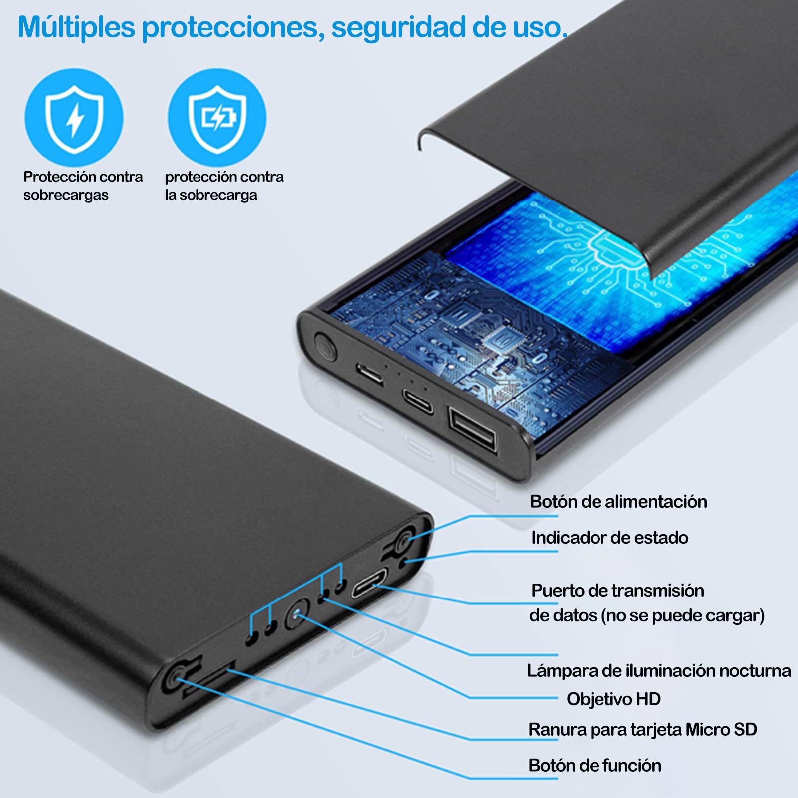 1080p Mini Camara Espia,Cámara espía Oculta Oculta, Cargadores portátiles10.000 mah, 55 Horas, Soporte para detección de Movimiento y grabación Circular sin WiFi.