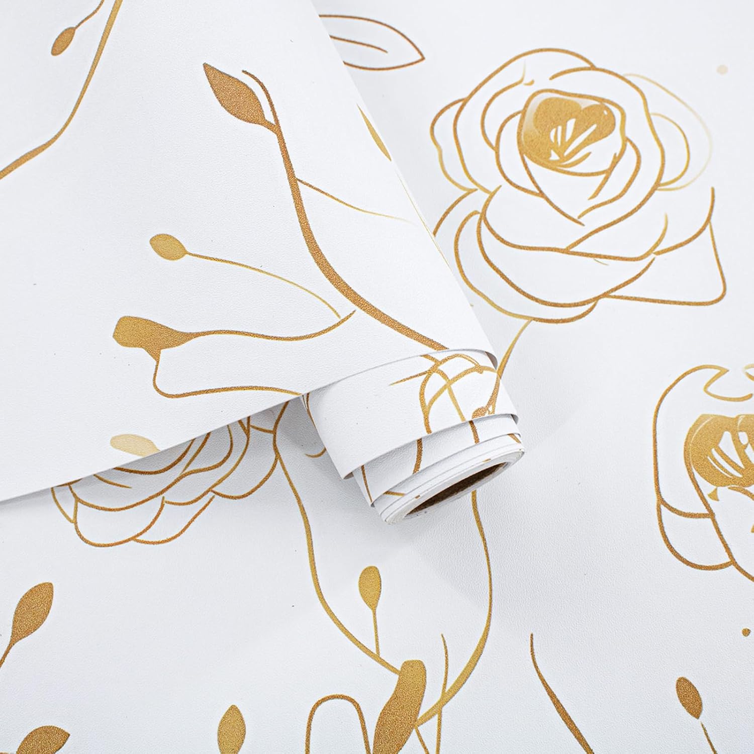 Modern Peel and Stick Wallpaper Floral Contact Paper 16.1inch x 196.8inch Gold and White Wallpaper Line Flower Self Adhesive Removable Contact Paper for Cabinets Vinyl