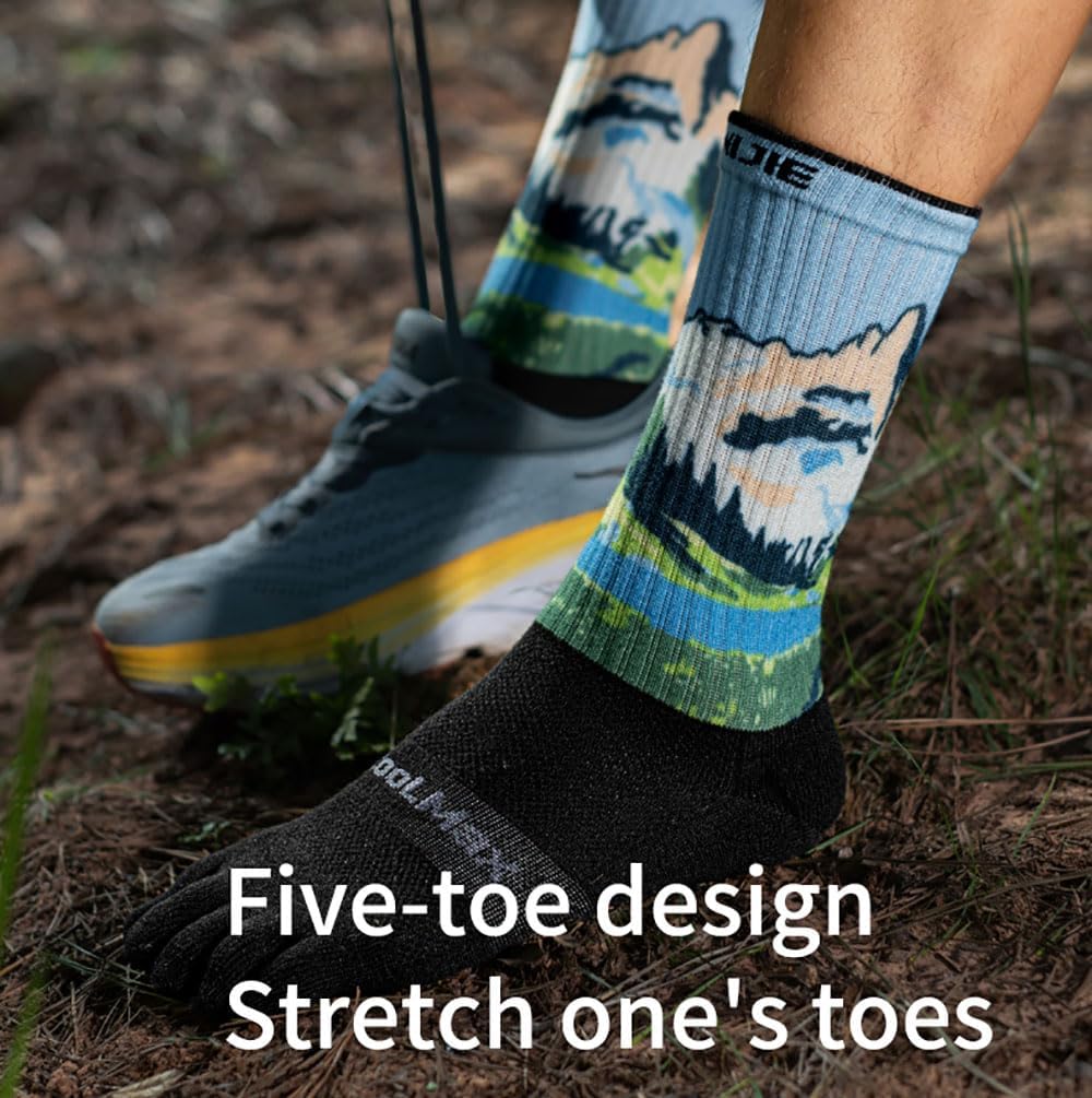 YOUGLE Hiking Toe Socks with Thickened Terry Lining Coolmax Five Finger Running Mid-Calf Socks Moisture Wicking