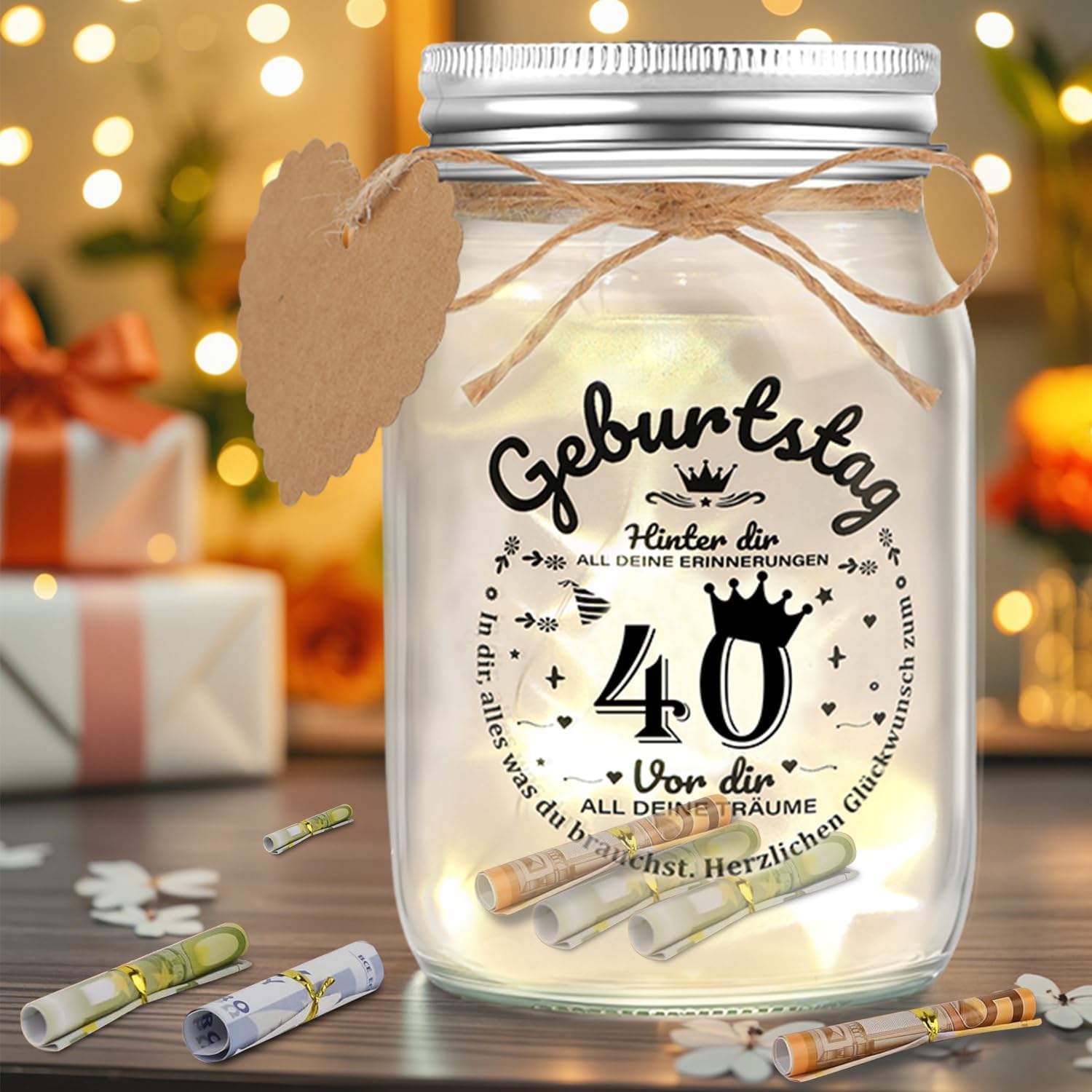 40th Birthday Gift for Men and Women - LED Bottle Light Birthday 40th Money Gifts Packaging 40th Birthday Gift Money Light Bottle Cool Gift Ideas [Energy Class A]