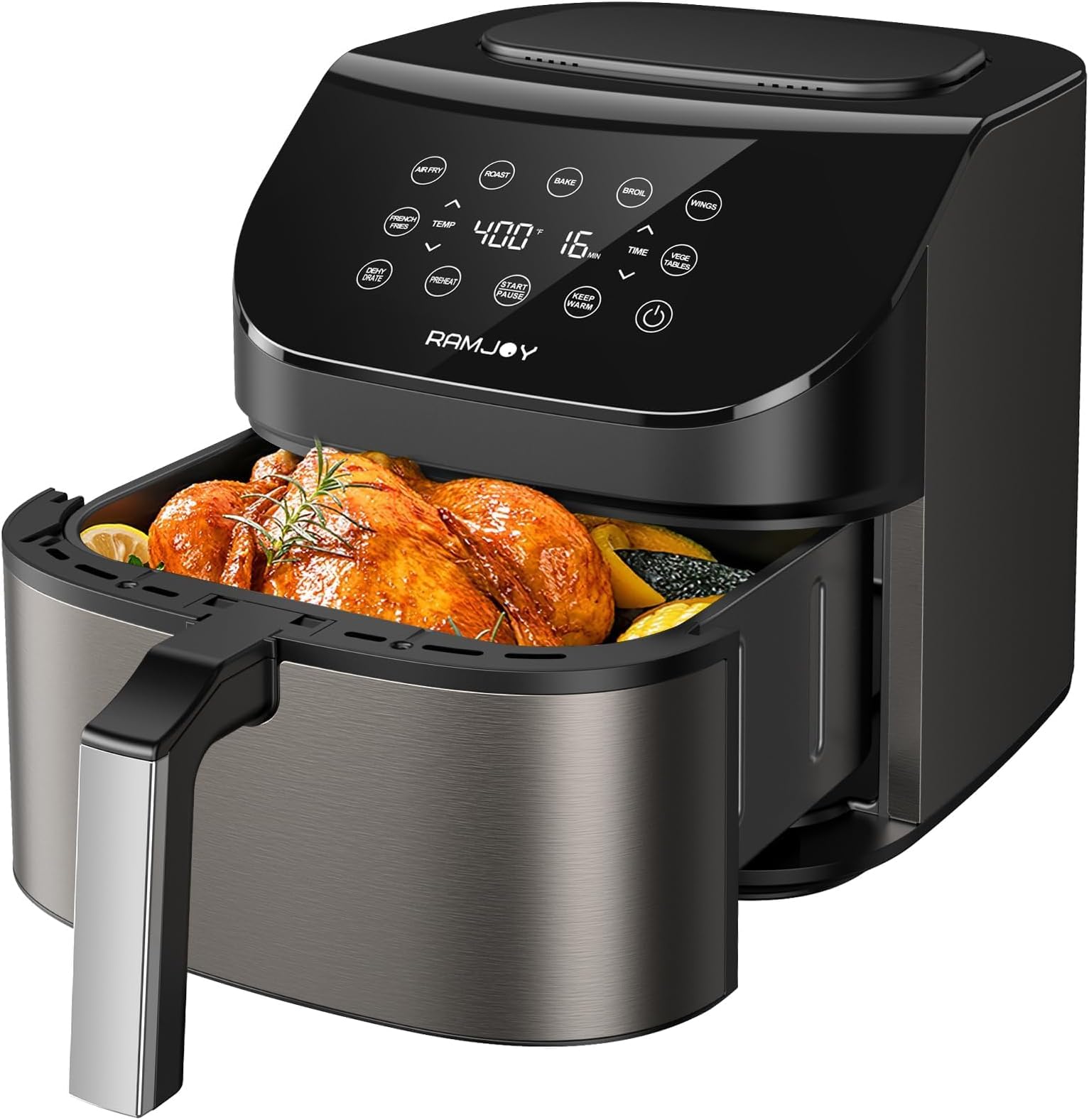 RAMJOY Air Fryer, 6.8 Qt, 10 in 1 Function, Air Fryer, Roast, Bake, Bake, Dehydrate, Digital Touch Screen, Air Fryer, Nonstick, Dishwasher Safe, Basket, Stainless Steel, Air Fryer, Metal Gray