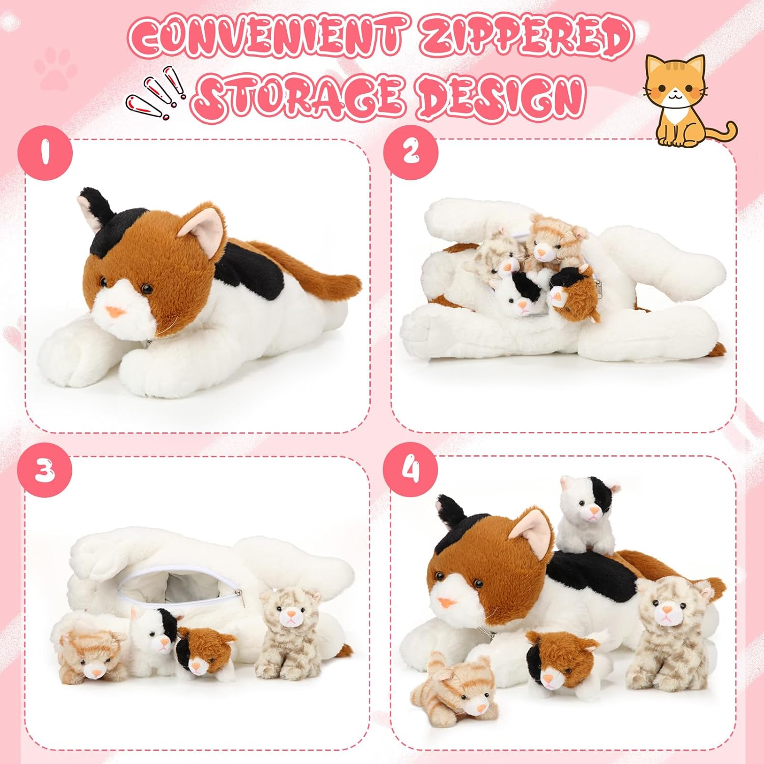 Skylety 5 Pieces Cat Stuffed Animal with Babies Inside Belly Plush Cat Pregnant Mommy Kitty with 4 Cute Fluffy Stuffed Kittens Christmas Birthday Surprise Gifts(Orange, Black, White) - Image 3