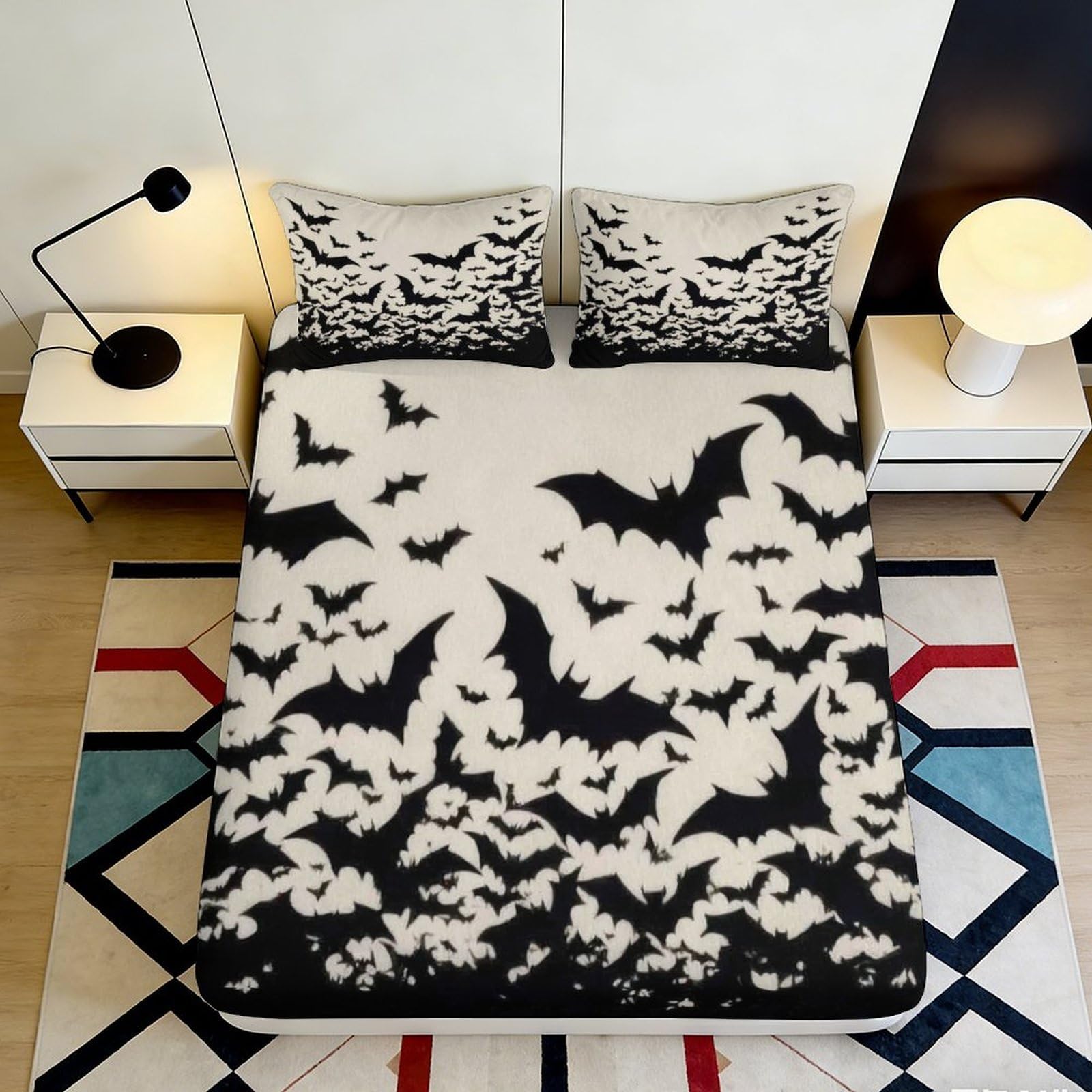3D Printed Black Bat Fitted Sheet Microfiber Halloween Gothic Bed Cover for Bedroom Guest Room Decor Dustproof 90x200x25cm