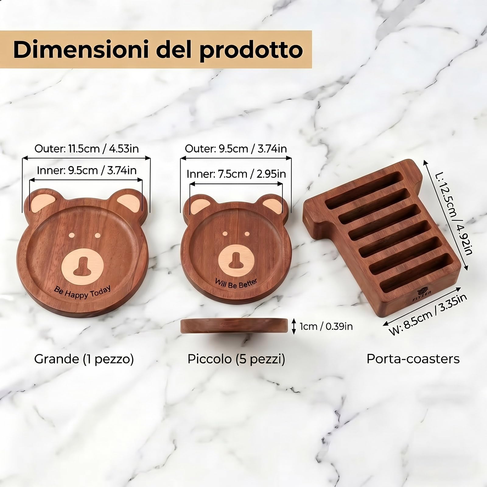 Set 6 sottobicchieri legno rotondi orso incastonato mano 11,5x9,5x1 cm marrone scuro