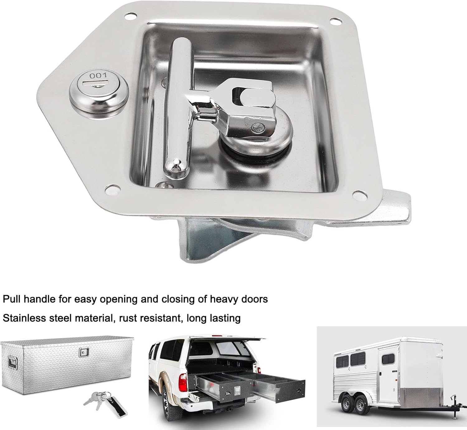 T - Handle Latch, Stainless Steel Locking Single Point Latch with Gasket, 304 Stainless Steel, 2 Keys, 4.9 x 4.7in, Truck Toolbox Lock, RV Toolbox Handle Lock