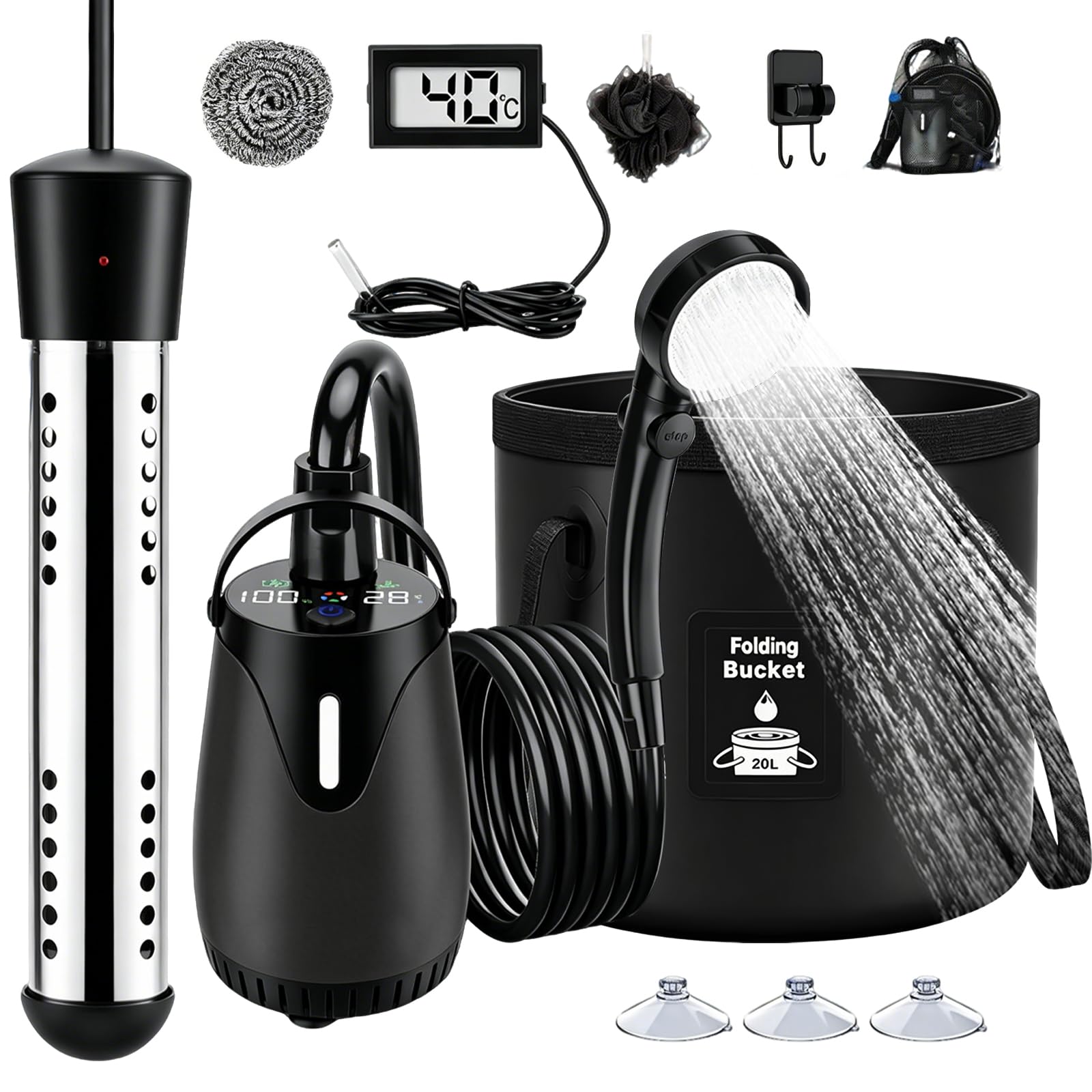 Tragbare Campingdusche, 8000mAh Camping Dusche mit Pumpe und Tauchsieder Temperaturanzeige Außenduschen Set Wasserdicht IPX8 mit 20L Klappbarer Eimer Duschkopf und 2M Schlauch