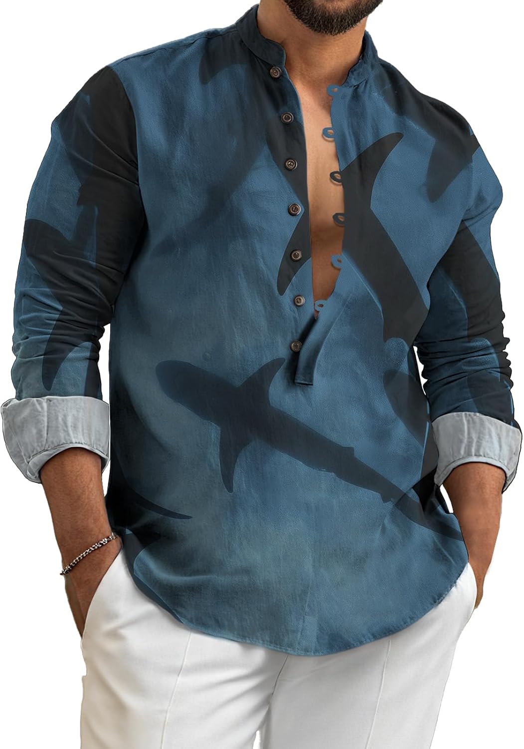 Long Sleeve Tops for Men Causal Loose Fit Button Collar Blouses Art Print Shirt