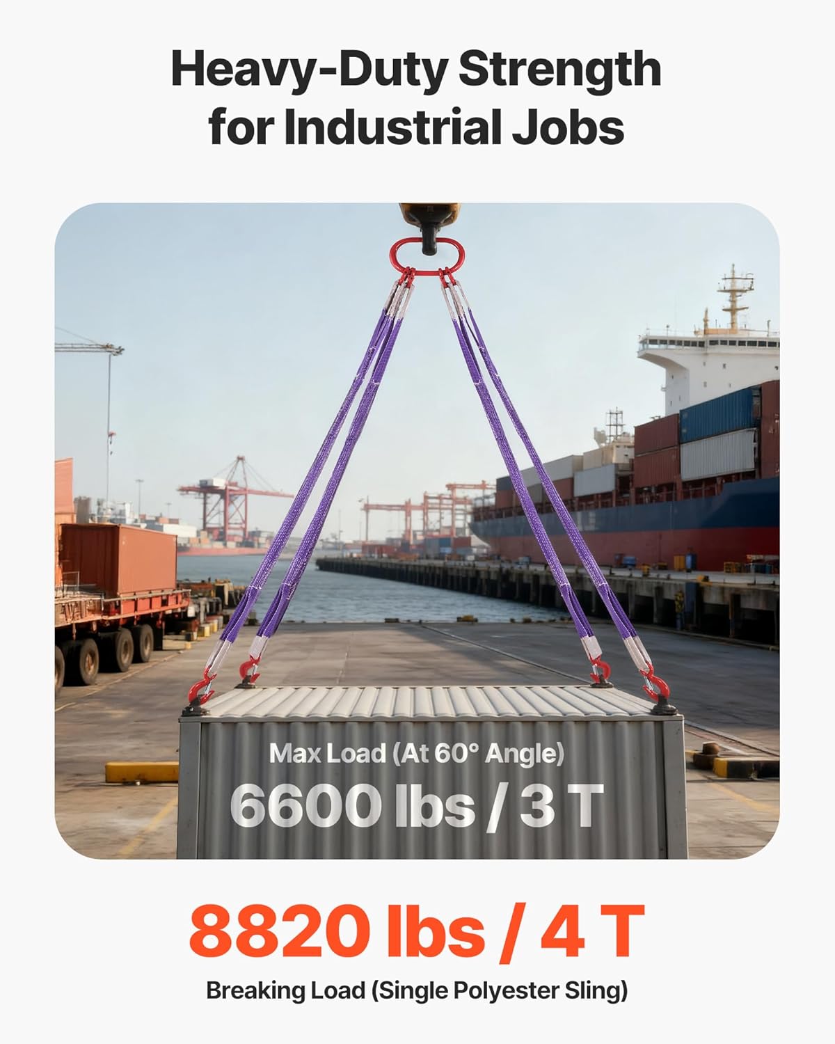 VEVOR Lifting Sling Straps with Hooks, Polyester Bridle Sling, 6600LB Capacity, Four Leg 5Ft Heavy Duty Rigging Strap, Thickened & Wear-Resistant Webbing Slings for Engines Cranes Hoists Truck - Image 3