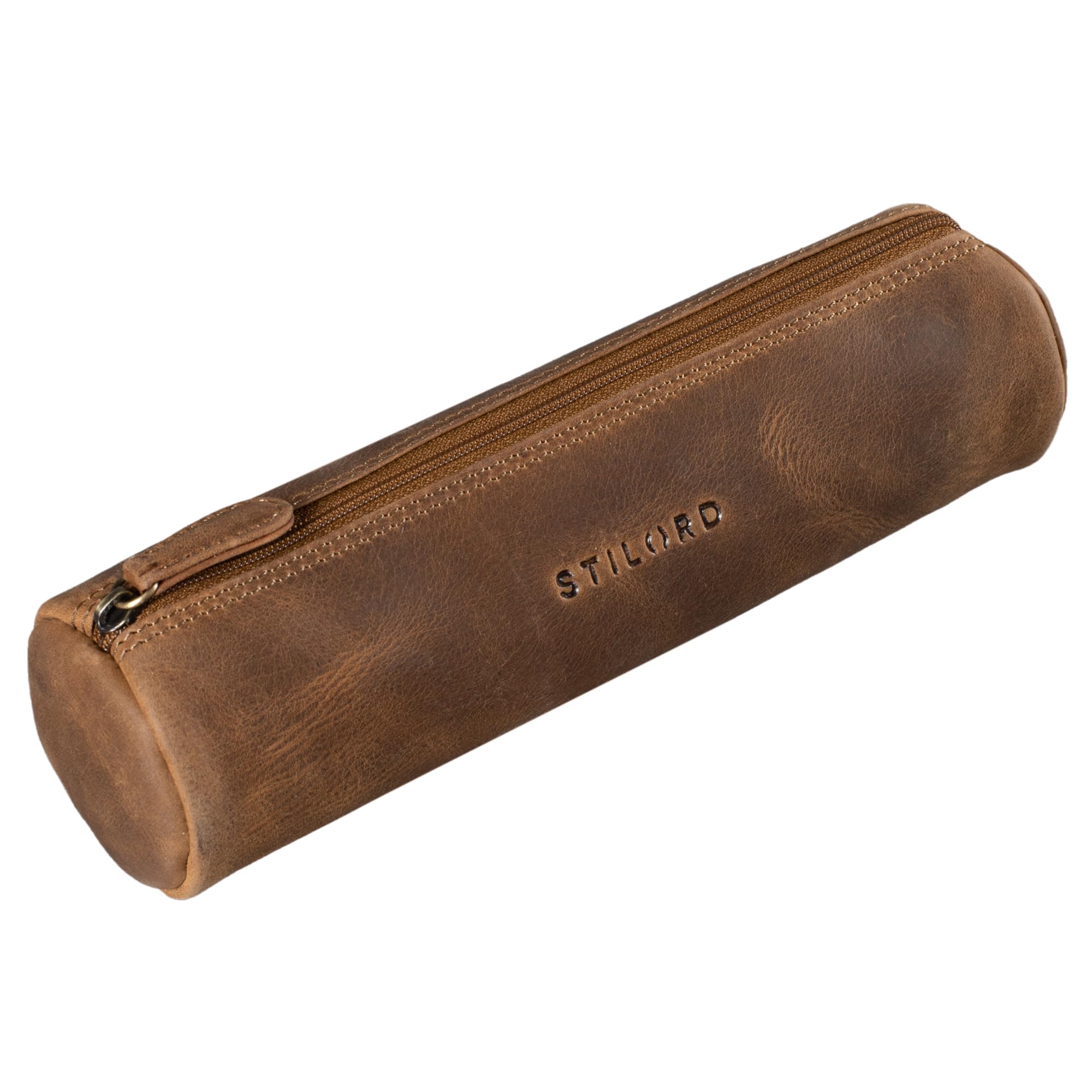 STILORD Miller Trousse Ronde Cuir Scolaire Vintage Plumier Pochette Porte-Plume Étui à Crayons pour Hommes Femmes Pencil Case de Cuir Véritable Couleur:Marron Moyen