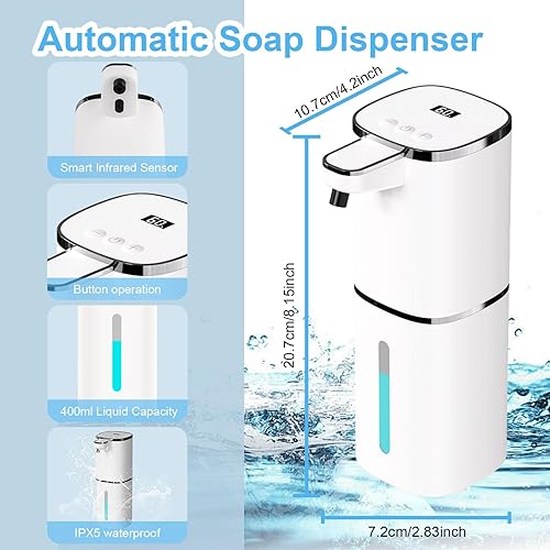 Miniatura 2 de Dispensador automático de jabón espumoso sin contacto, dispensador de jabón de manos inteligente recargable por USB, 9 niveles ajustables, operación