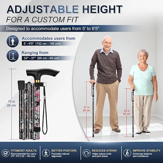 supregear Folding Stick 5 Levels Height-Adjustable Walking Stick Lightweight Portable Walking Stick Travel Stick with Hand Strap and T-Handle for Elderly Disabled Men Women