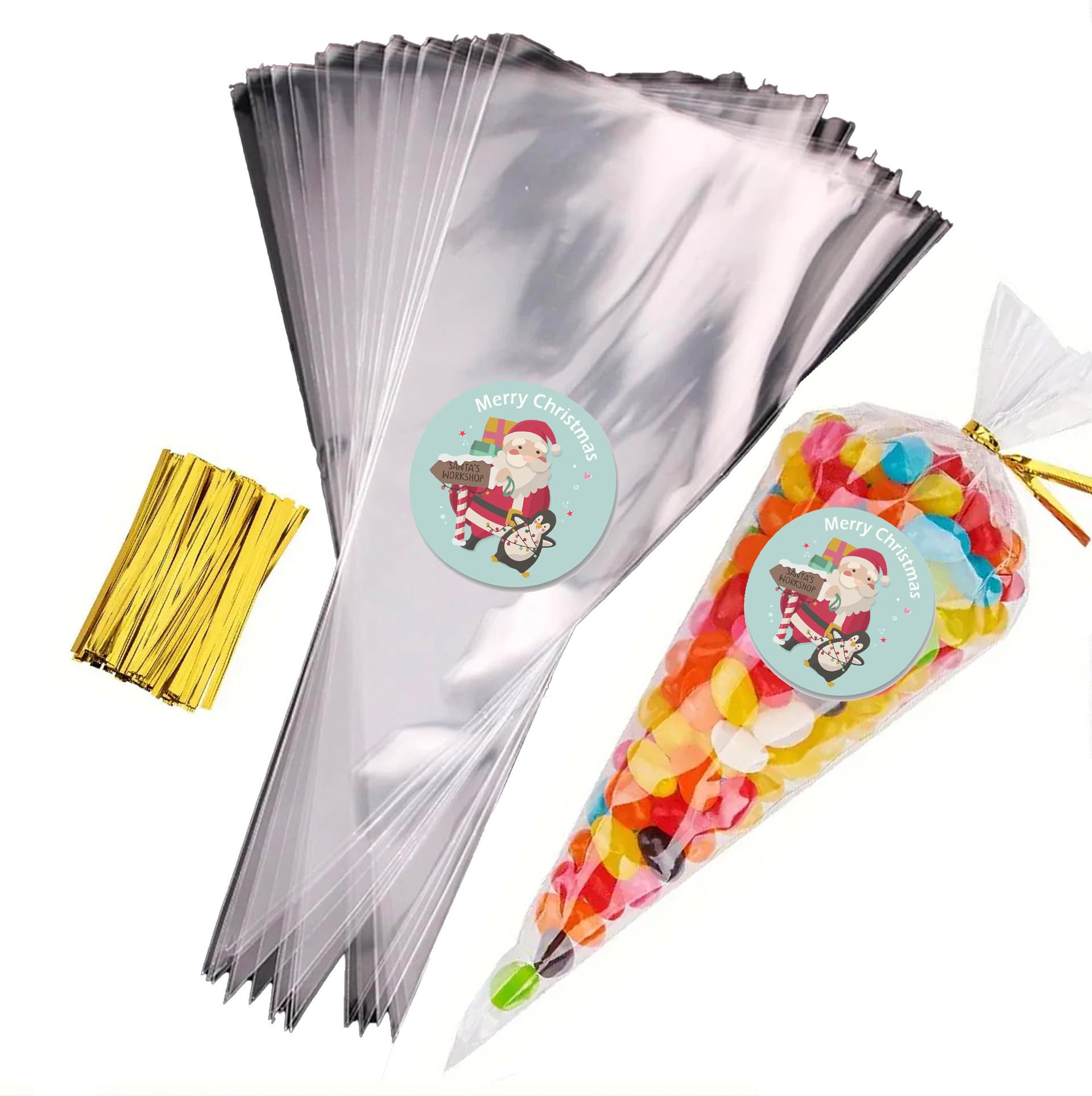 Sweet Cone Bags with Coloured Ties | Triangle Clear Cellophane Bags | Food Sweet Candy Popcorn Snacks | Brithday Baby Shower Fayres Events Festivals (Santa Blue, 50 Set)