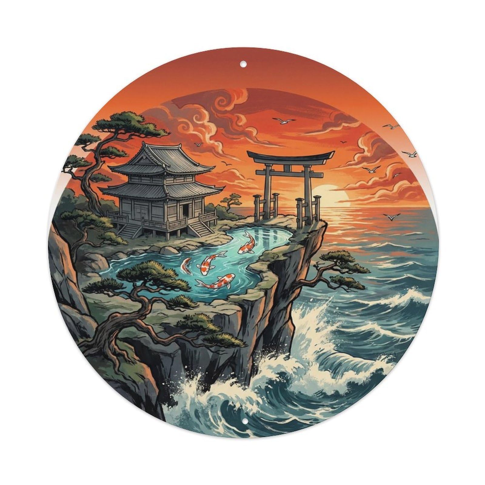 Olyhtr 8X8inch Classic Style Temple Pond Koi Garden Vintage Japanese Landscape Metal Tin Sign