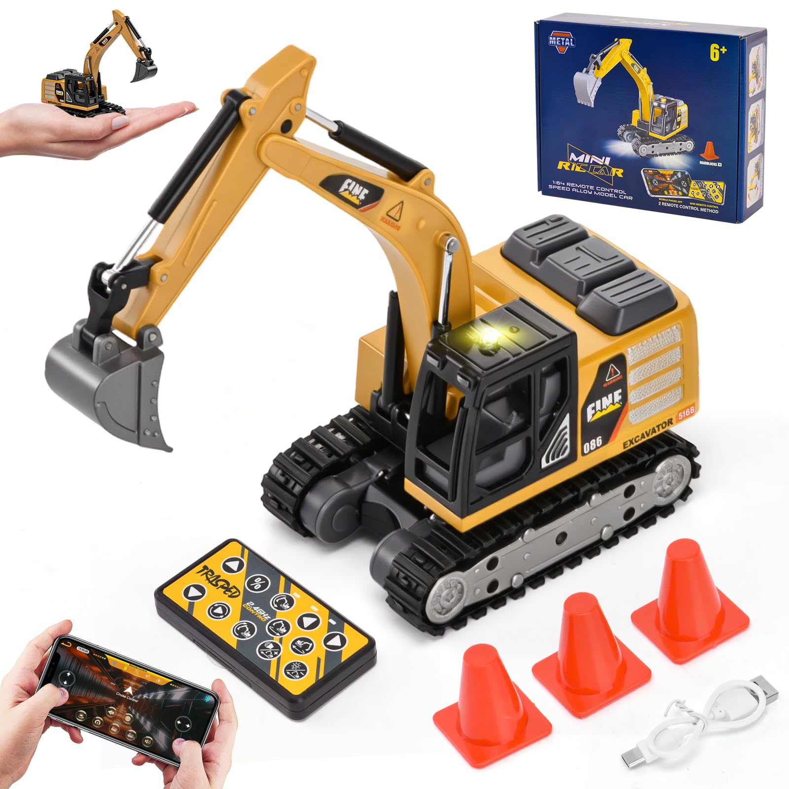 Mini Pelle Télécommandée, 1:64 Pelleteuse Télécommandée avec Pelle Métallique, 2,4 GHz RC Pelleteuse avec Lumières et Sons, 2 Vitesses, Rechargeable USB – pour Enfants à Partir de 3 Ans