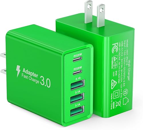 Miniatura 13 de [Paquete de 2] Cargador de pared USB C, 60 W, 5 puertos PD rápido, bloque de carga USB C, 2 USB C + 3USB A enchufe multipuerto, adaptador de blanco