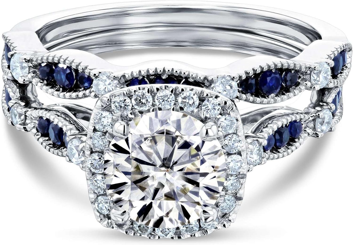 Kobelli Round Moissanite and Blue Sapphire Bridal Set (GH/VS)