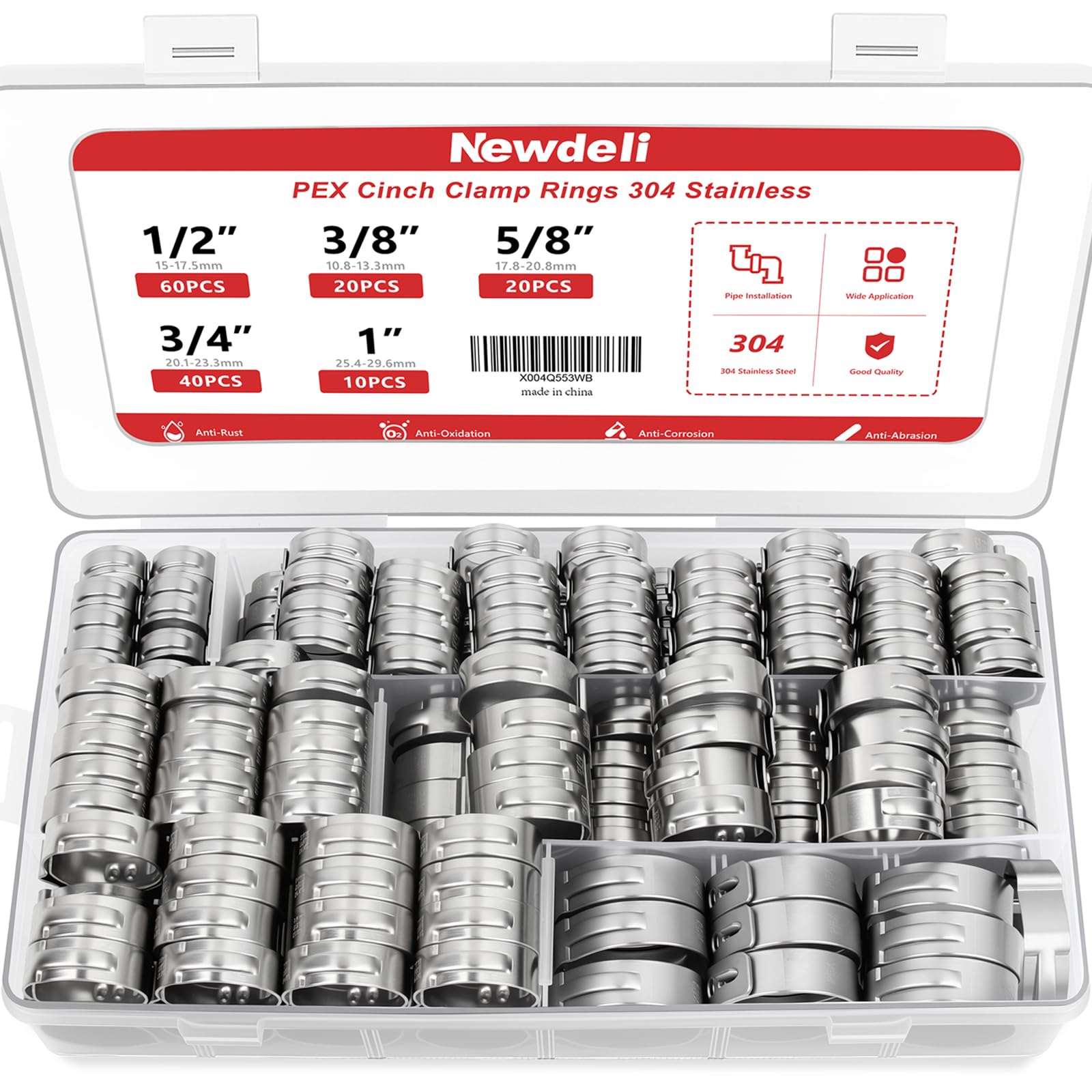 Newdeli 150Pcs Pex Crimp Rings 3/8" 1/2" 3/4" 5/8" 1" PEX Clamps Single Ear Hose Clamps Pex Fittings Cinch Pinch Clamp for Pipe Tubing Connections