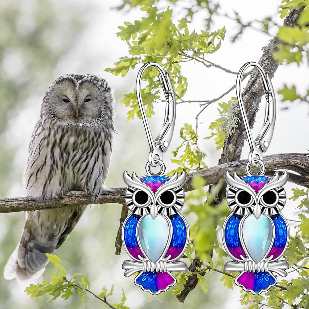 Owl Earrings for Women Sterling Silver Moonstone Owl Dangle Earrings Leverback Family Tree Jewelry Graduation Owls Gifts - Image 8