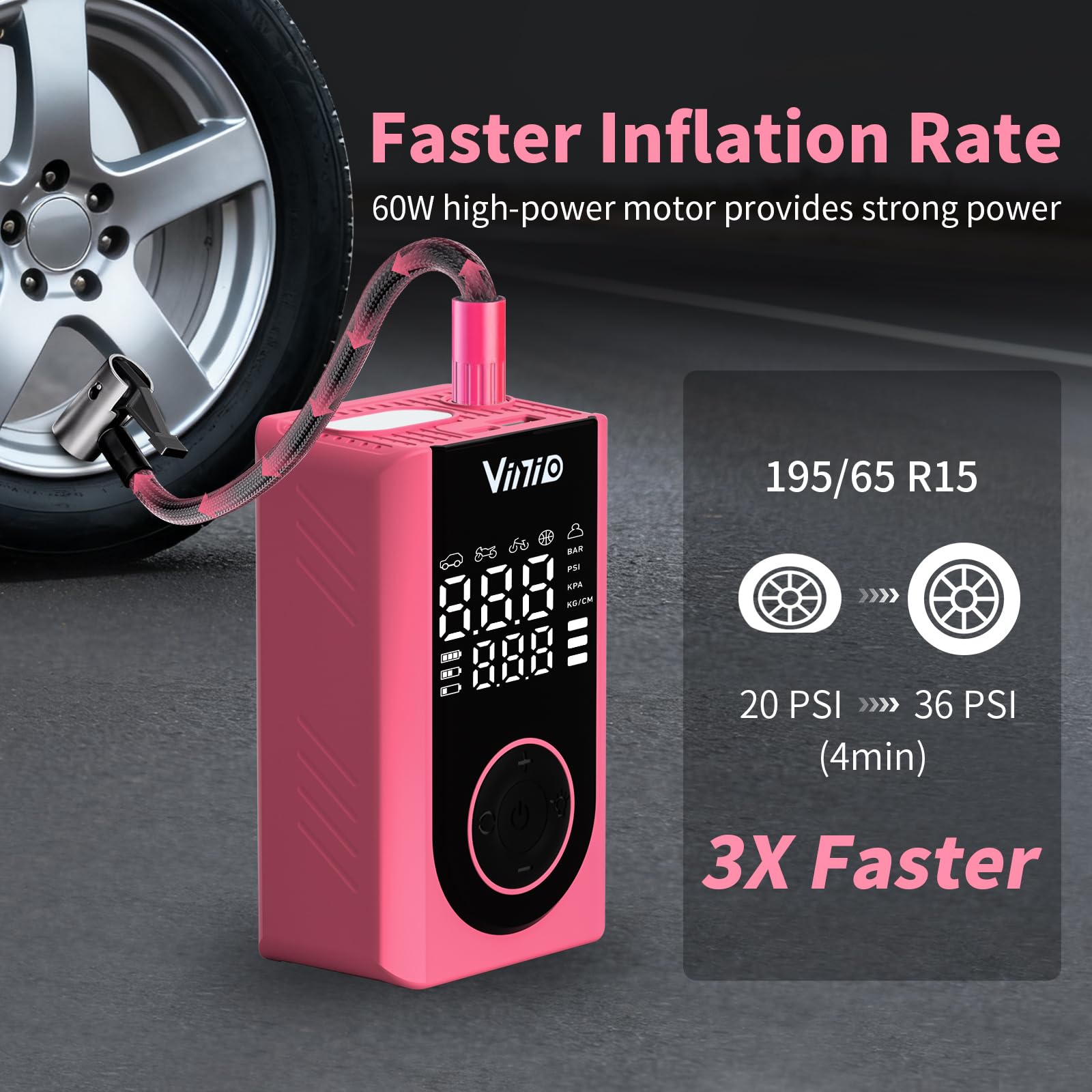 Vinid Tire Inflator Portable Air Compressor LED Digital Display Auto Shut-Off 5 Models 150 PSI Air Pump for — view 3