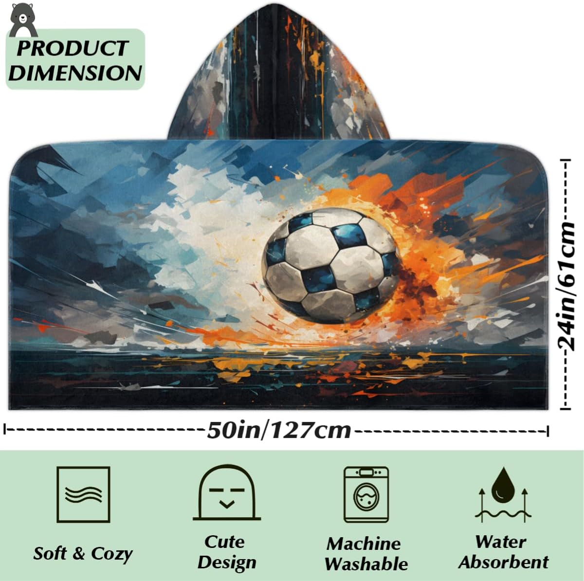 Pardick Kids Bath Towel 3D Soccer Beach Towel with Hood Pool Cover Up for Girls Boys Soft Absorbent Hooded Bath Towel Toddler Towels for Beach, Pool