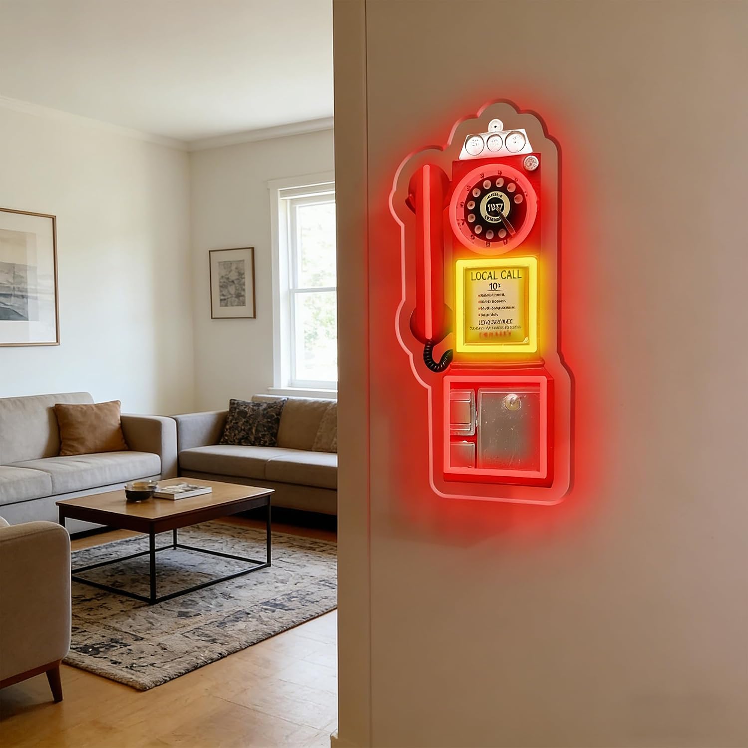 Vintage Telephone Neon Sign – 15″ × 6.7″ Retro LED Wall Light with 5-Level Dimmable Brightness for Bar, Man Cave, Game Room, Café & Home Decor