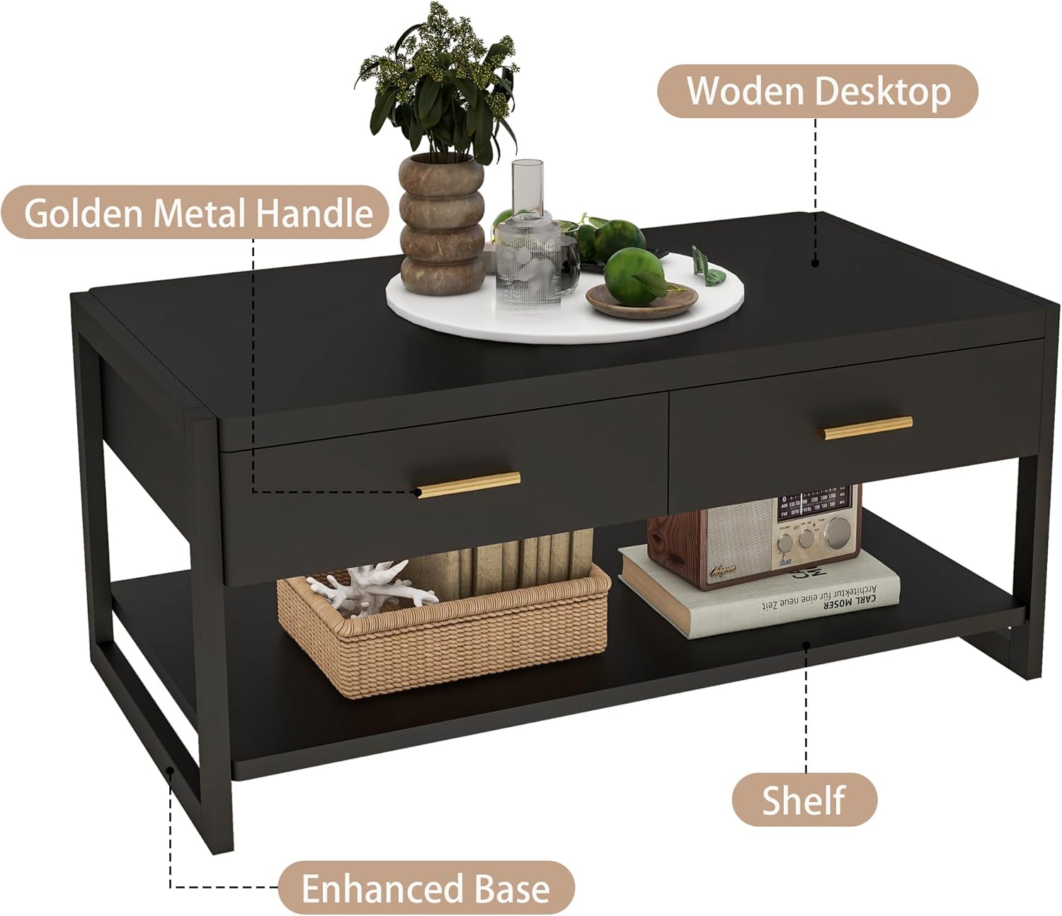 Solid Wood Coffee Table with Storage Living Room Table with 2 Drawers Shelf & Reinforced Legs