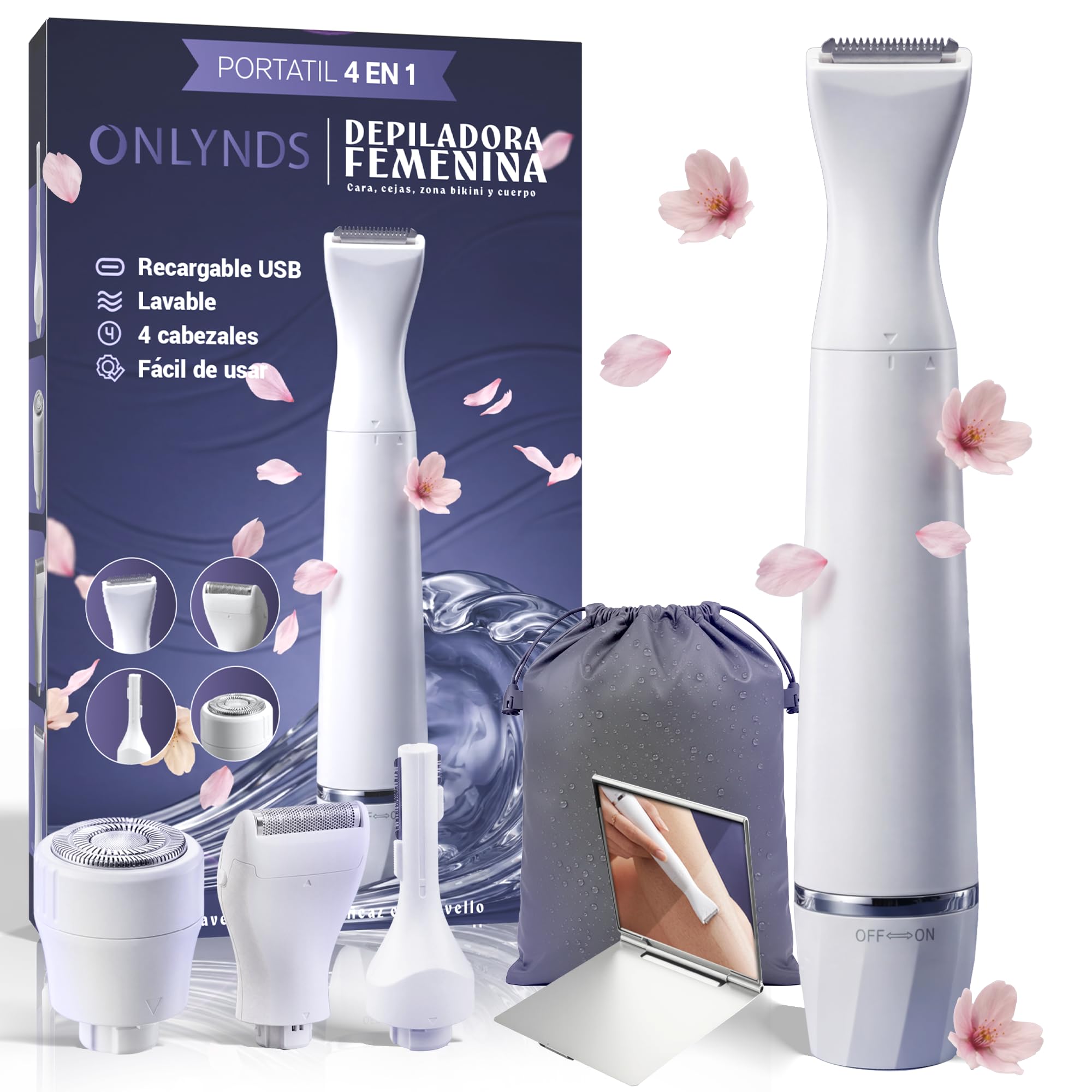 SUPER Afeitadora Eléctrica Mujer 4 en 1 Facial y Corporal | Depiladora Íntima Mujer IPX5 Uso Seco y Mojado | Rasuradora Mujer Zona Íntima BIKINI | 4 CABEZALES | Espejo y Bolsa Impermeable INCLUIDOS.