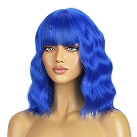 BERON 14 Inches Dark Blue Wig Short Curly Wig Women Synthetic Wigs Blue Wigs with Bangs Hairnet Included