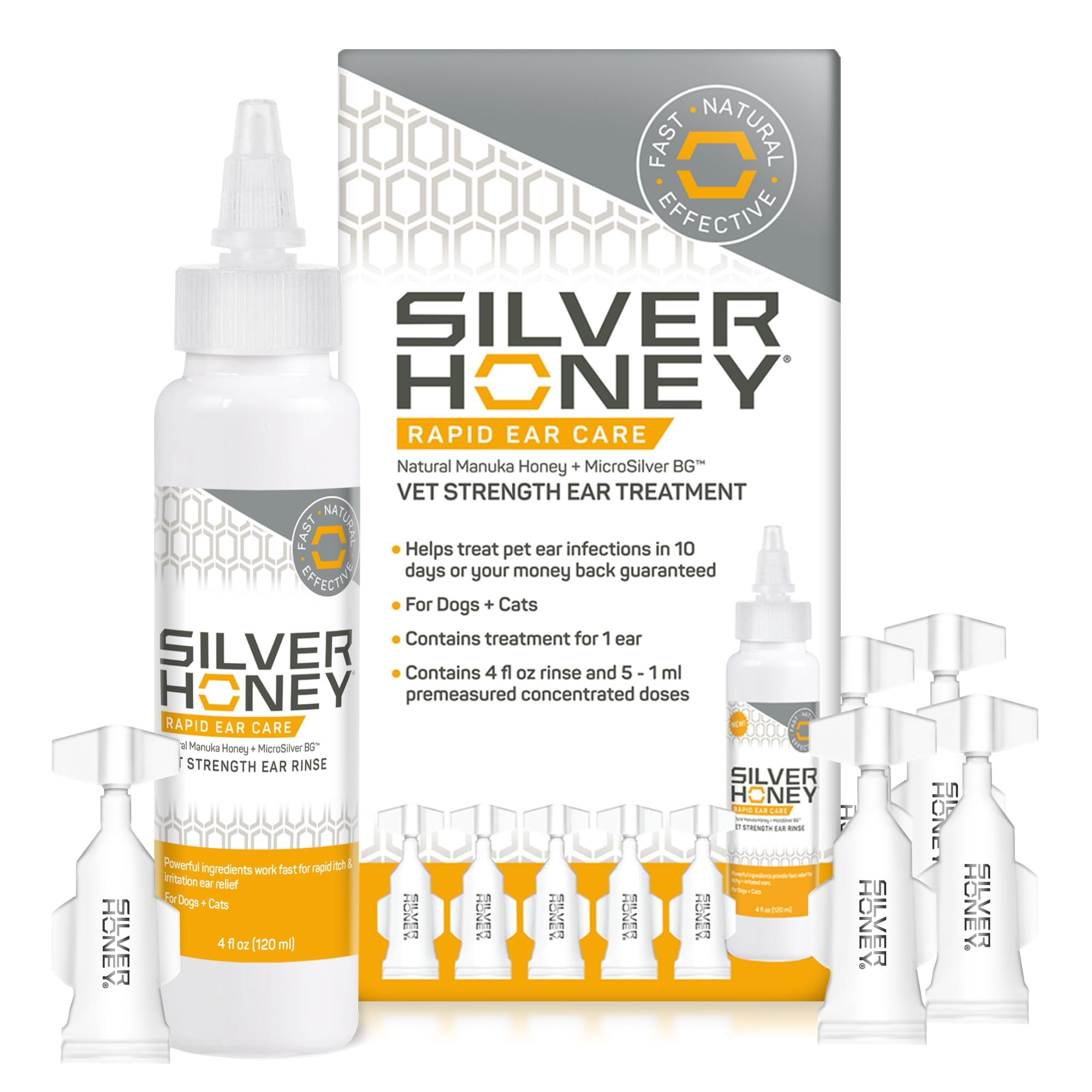 Absorbine Silver Honey Rapid Ear Care Vet Strength Ear Cleaner + Infection Treatment, 10-Day Regimen for 1 Ear, Safe for Dogs &amp; Cats, Medical Grade Manuka Honey &amp; MicroSilver BG