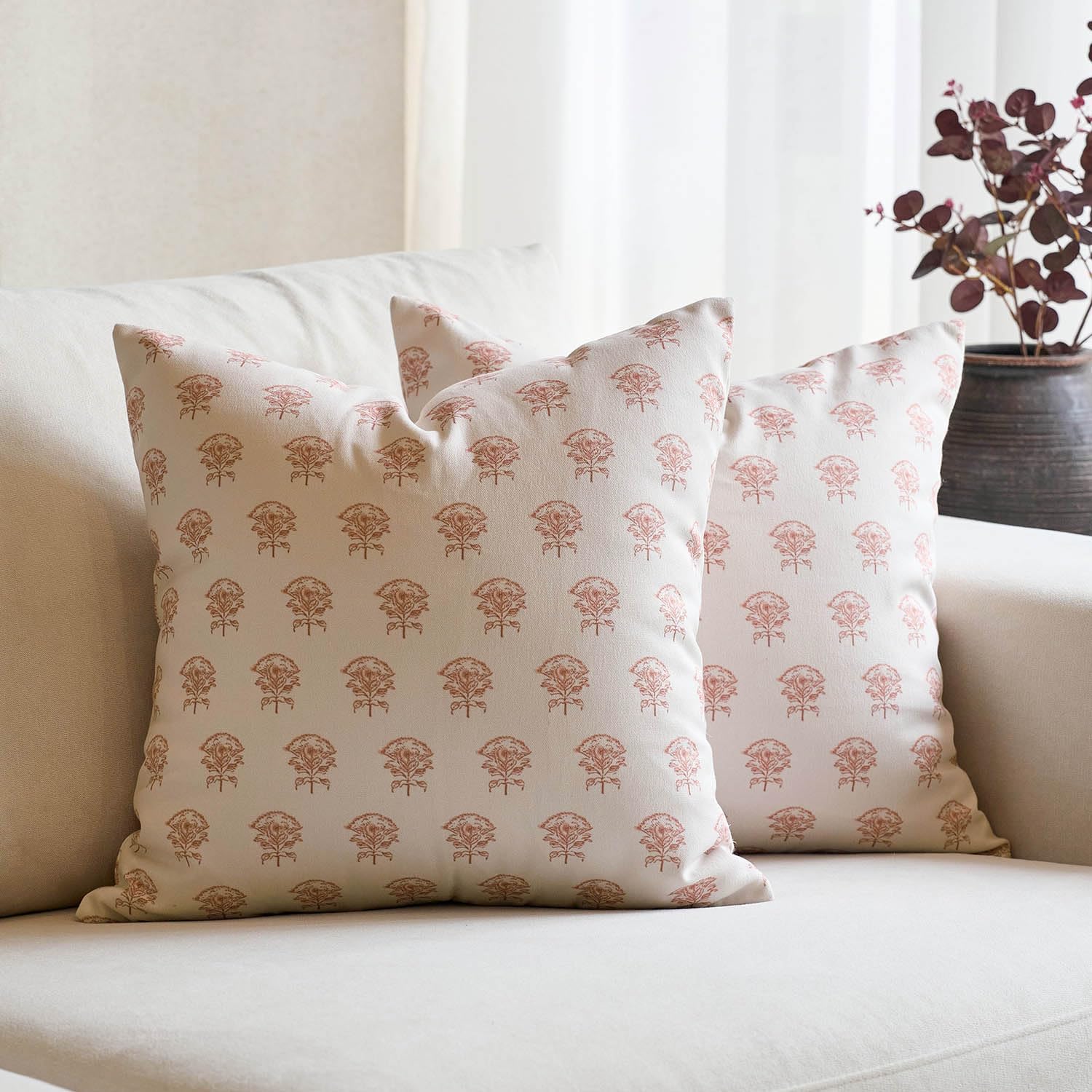 Amor Virisso Set of 2 Floral Throw Pillow Covers 18x18 Inch, Vintage Decorative Block Print Pillow Covers Neutral Accent Farmhouse Pillows Home Decor for Sofa Couch Bed, Orange