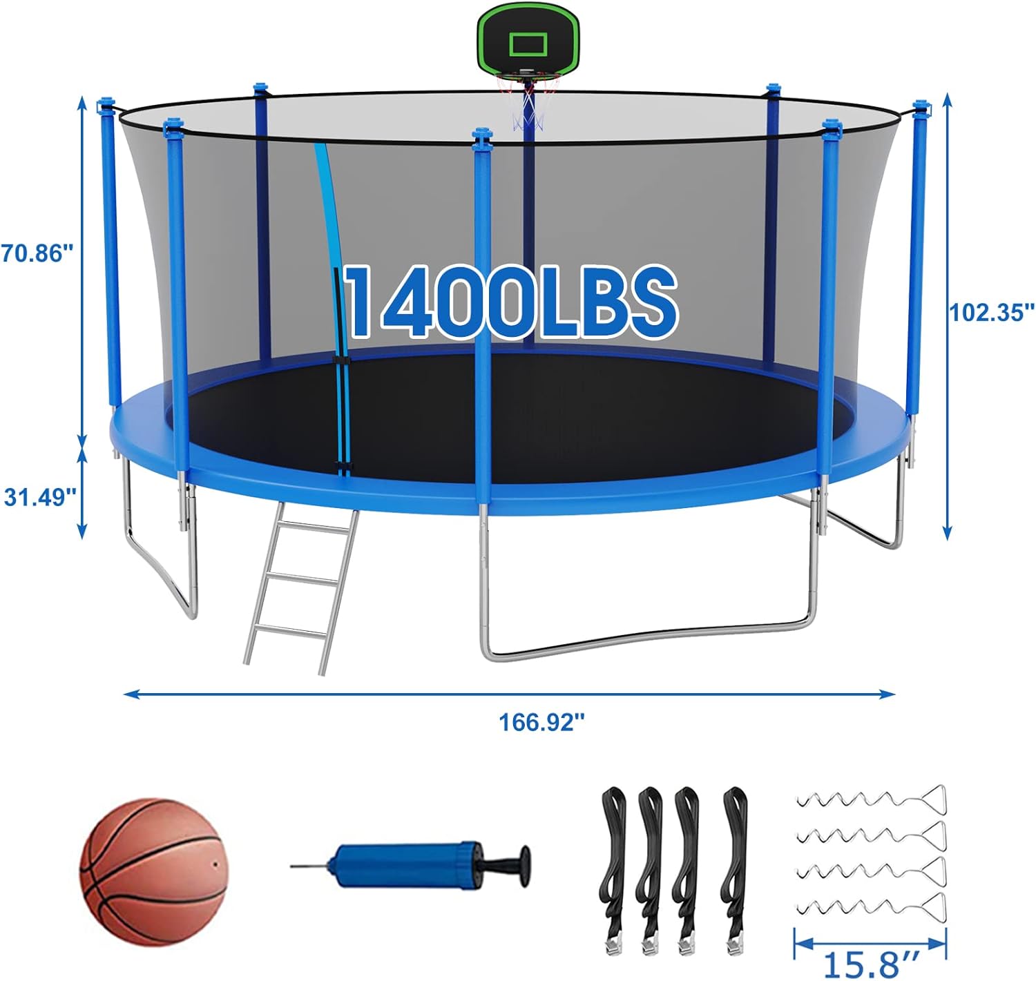 SKYUP Tranpoline for Kids and Adults, 8 10 12 15 16 FT 1500LBS Tranpoline with Net - with Basketball Hoop, 4PCS Wind Stakes, Ladder and Pad, ASTM CPC CPSIA Approved Recreational Outdoor Tranpolines
