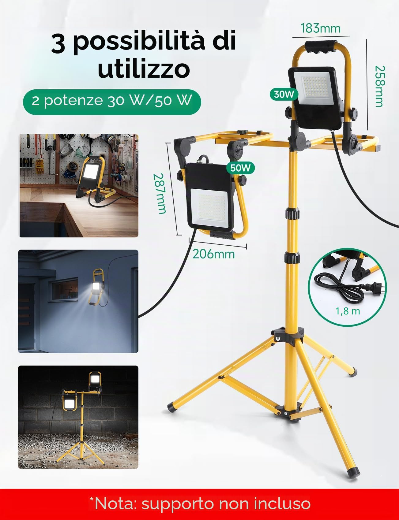 Aigostar Faro da Cantiere 30W, IP65 Impermeabile, Faretto Led da Cantiere con Spina, 6500K Bianco Brillante per Esterno, Lavori, Giardini e Garage, Rotazione 360°, portatile 4 pcs（Senza supporto）