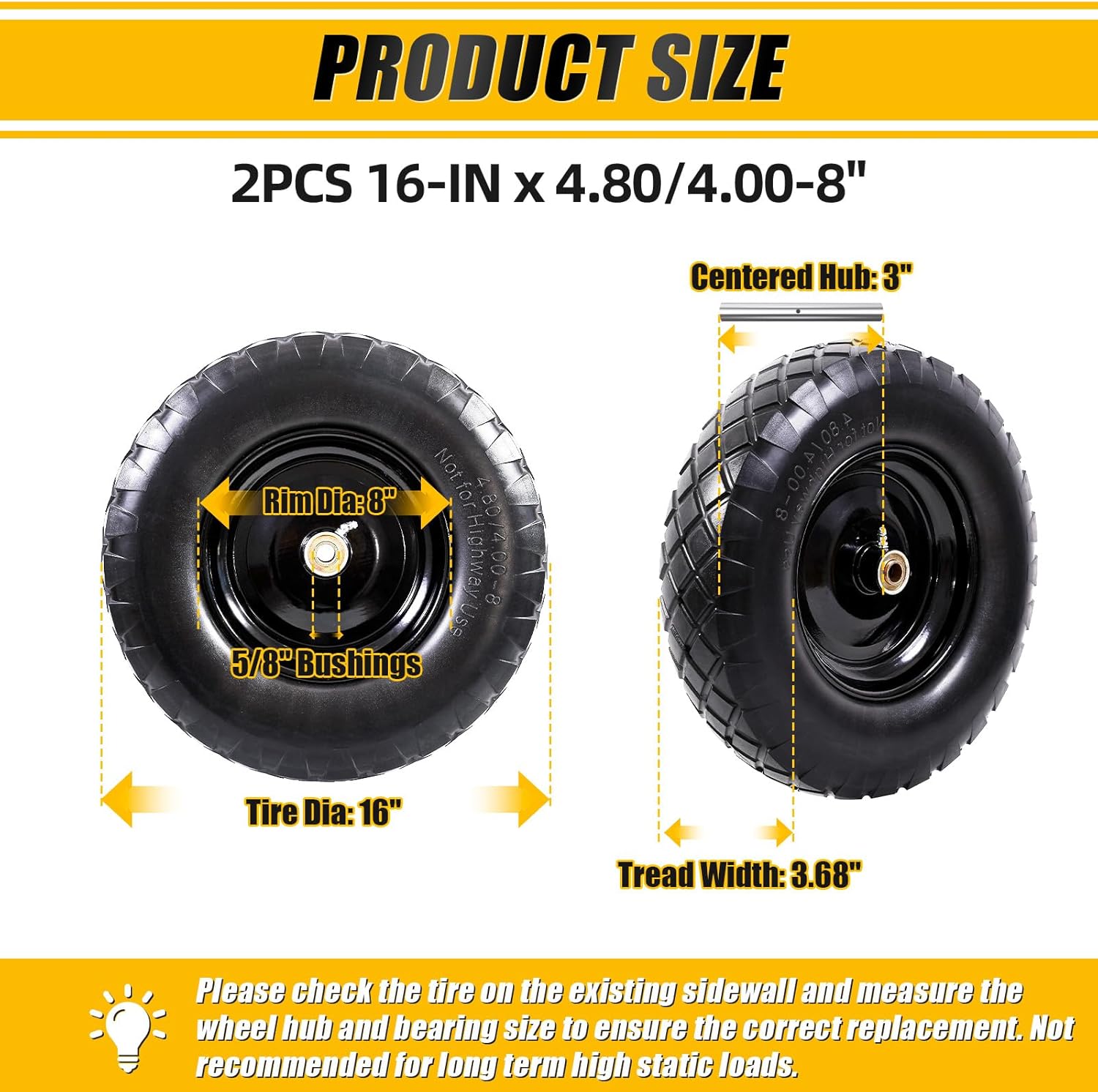 MZREXN 4.80/4.00-8" Flat Free Tire and Wheel, 16" Universal Solid Wheelbarrow Tires, with 5/8" & 3/4" Bearings, 3" Centered Hub for Hand Truck Garden Trailers Utility Cart Yard Wagon (2-PACK, Black)