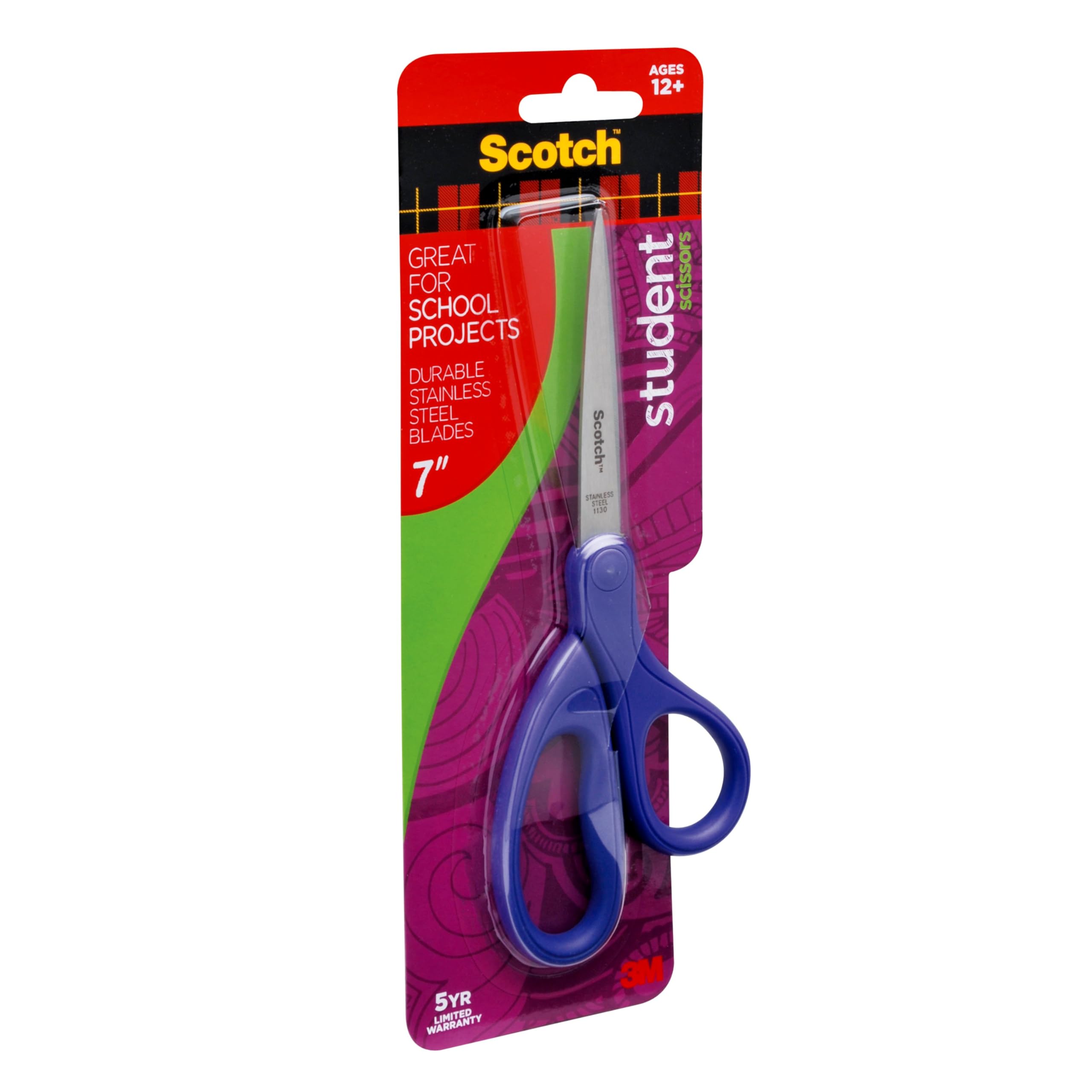 Scotch Studentenschere, 17,8 cm, Blau, Grün und Lila, Farben variieren, 6 Stück