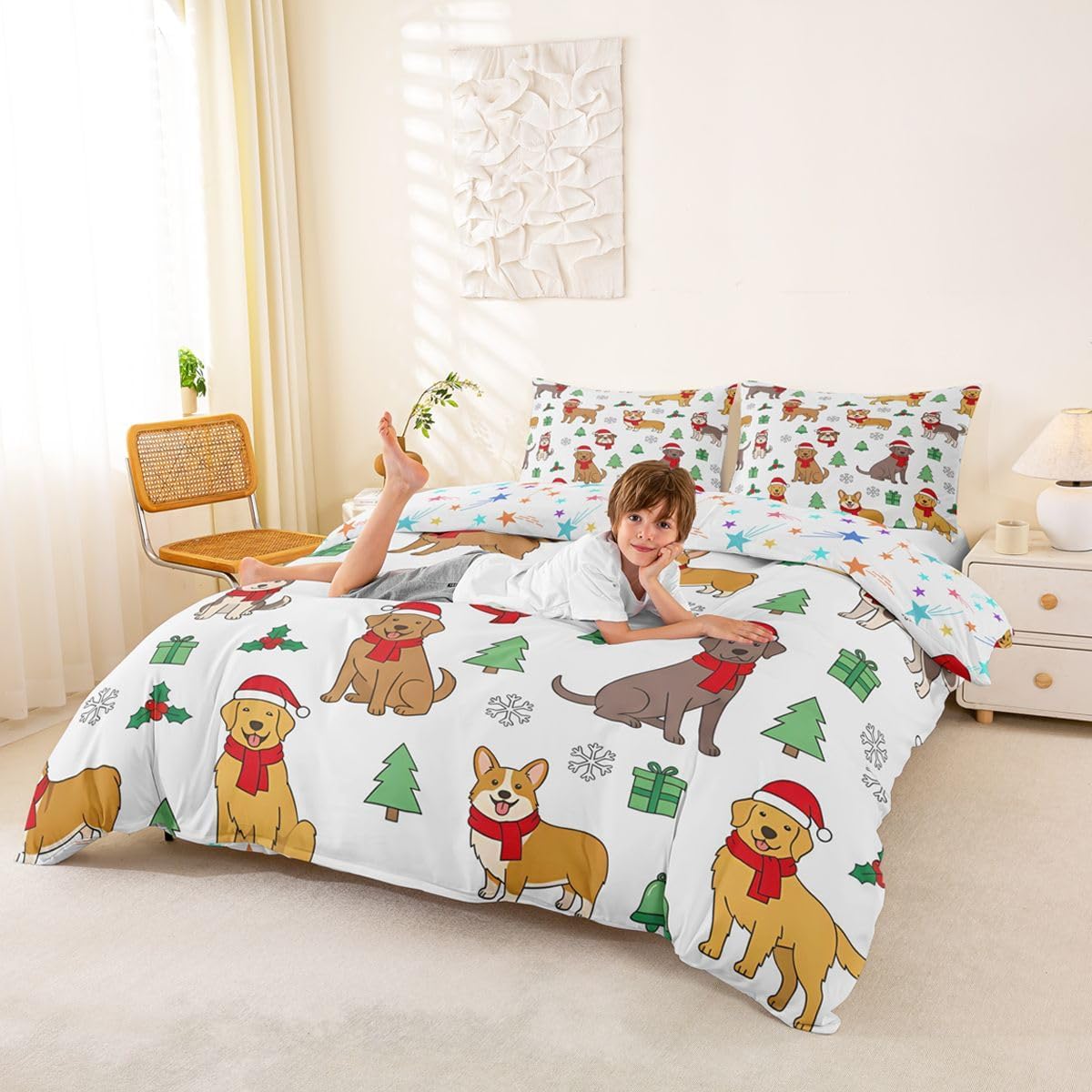 Feelyou Christmas Duvet Cover Full Size Merry Christmas Print Comforter Cover Dog Pattern Bedding Set Puppy Dog Bedspread Cover for Kids Boys Girls 3Pcs