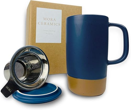 Mora Ceramics - Taza de té grande con infusor de hojas sueltas y tapa de cerámica, 18 onzas, portátil, apta para microondas y lavavajillas, taza de