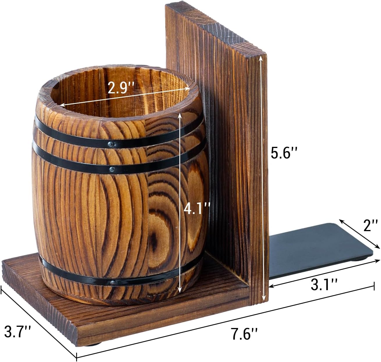 MyGift Wood Decorative Bookends with Pencil Holder, Office Desk Books Ends and Pen Holders as Vintage Wooden Barrels, Heavy Duty Bookends for Shelves, Rustic Burnt Brown Wine Barrel Design,1 Pair