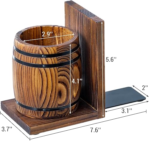 Miniatura 5 de MyGift Sujetalibros rústico de madera maciza marrón quemado con diseño de barril de vino, extremos de libros de escritorio de oficina y soportes