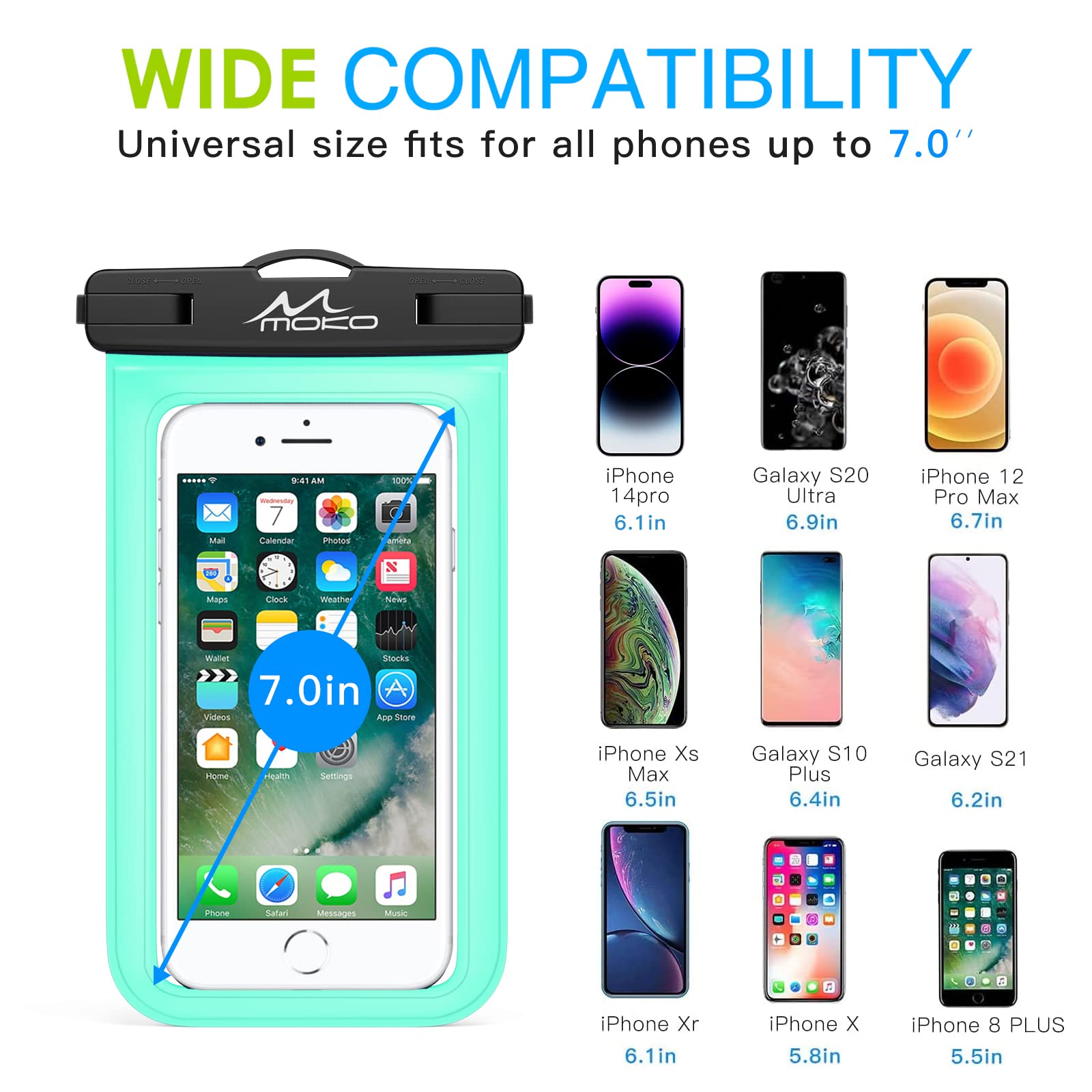 2 Étuis Étanches Universels MoKo - Pour Smartphone - IPX8 Avec Sangle Bleu Et Vert