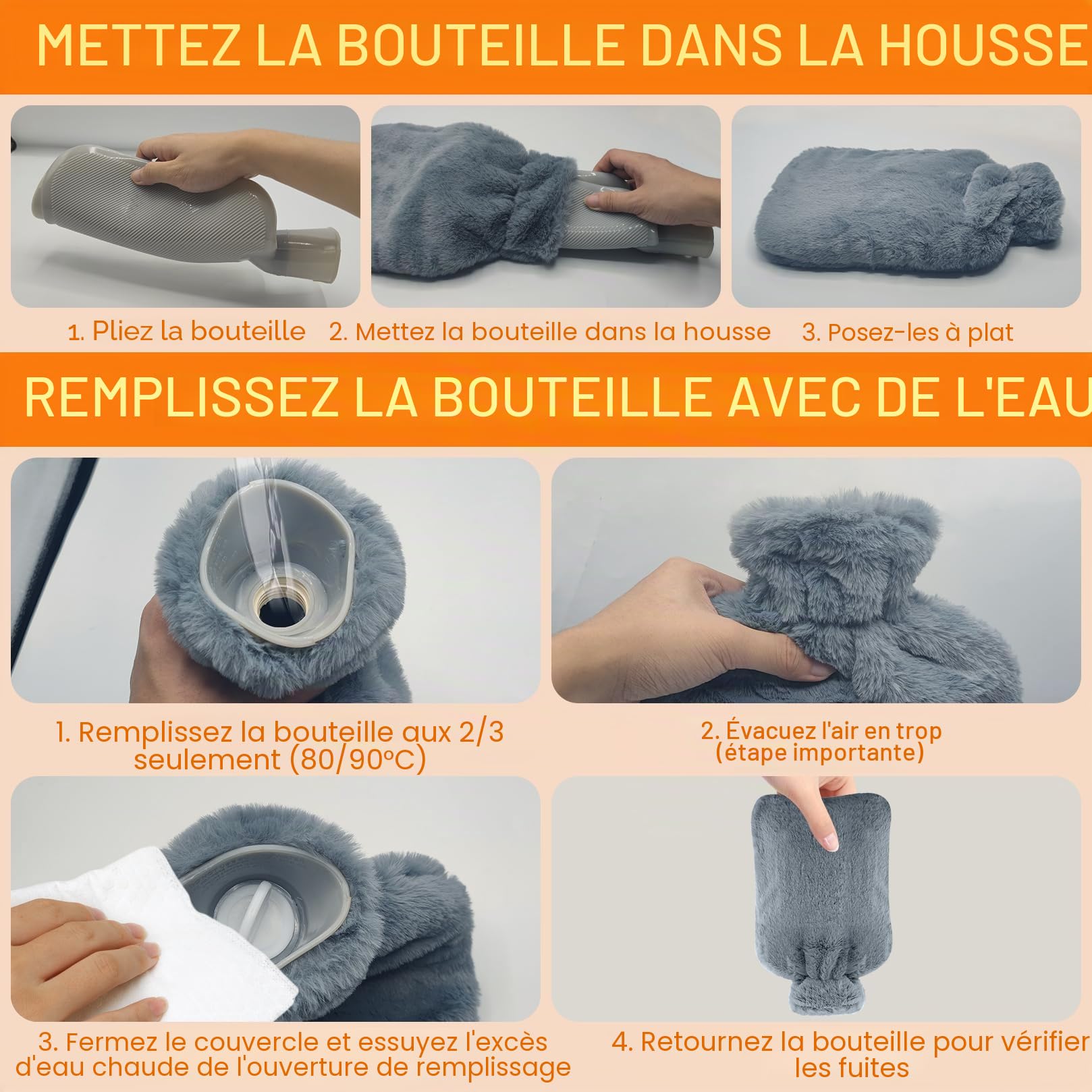 Bouillotte Eau Chaude 2L, Bouillotte Douce avec Housse en Peluche, Soulage la Douleur - Enfant et Adulte, Antifuite en Caoutchouc, Amovible