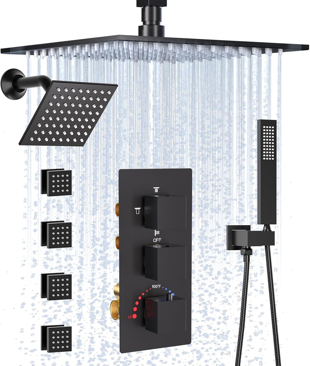 HOMEDEC 10" Ceiling Rain Shower System with 6" Wall Shower Head, 4-Way Thermostatic Diverter Valve, Handheld & 4 Body Jets Shower Faucet Set, Black