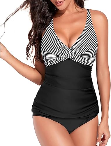Yonique - Traje de baño tipo tankini de 2 piezas para mujer, con control de abdomen, diseño cruzado en la parte superior, estilo bikini en la parte