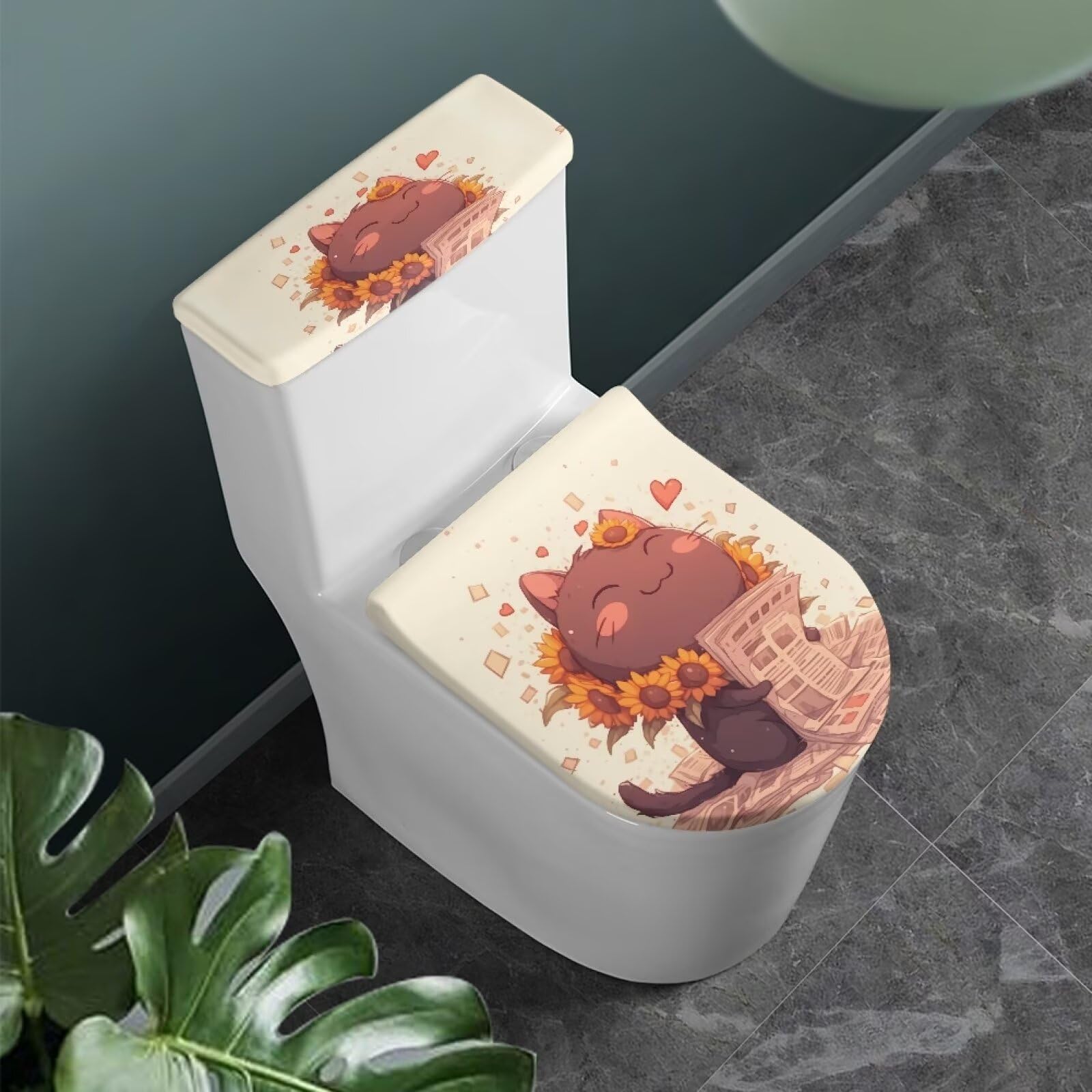 Cartoon Black Cat Bathroom Toilet Seat Cover Set, Sunflower Kitten Toilet Seat Covers with Elastic Edge, Funny Home Dust Cover Washable Reusable Standard Size
