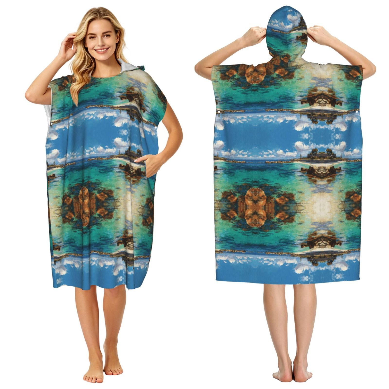 EZDLOWVBA Reef Beach Print Hooded Poncho Microfiber Beach Towel,Adult Women & Men Changing Robe,Lightweight Summer Surf Swim Bath Poncho Towel