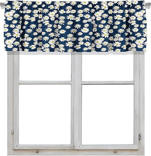 Cenefa de cortina corta opaca clásica con bolsillo para cortinero de margaritas para decoración de cocina, dormitorio, 52 x 18 pulgadas, azul marino